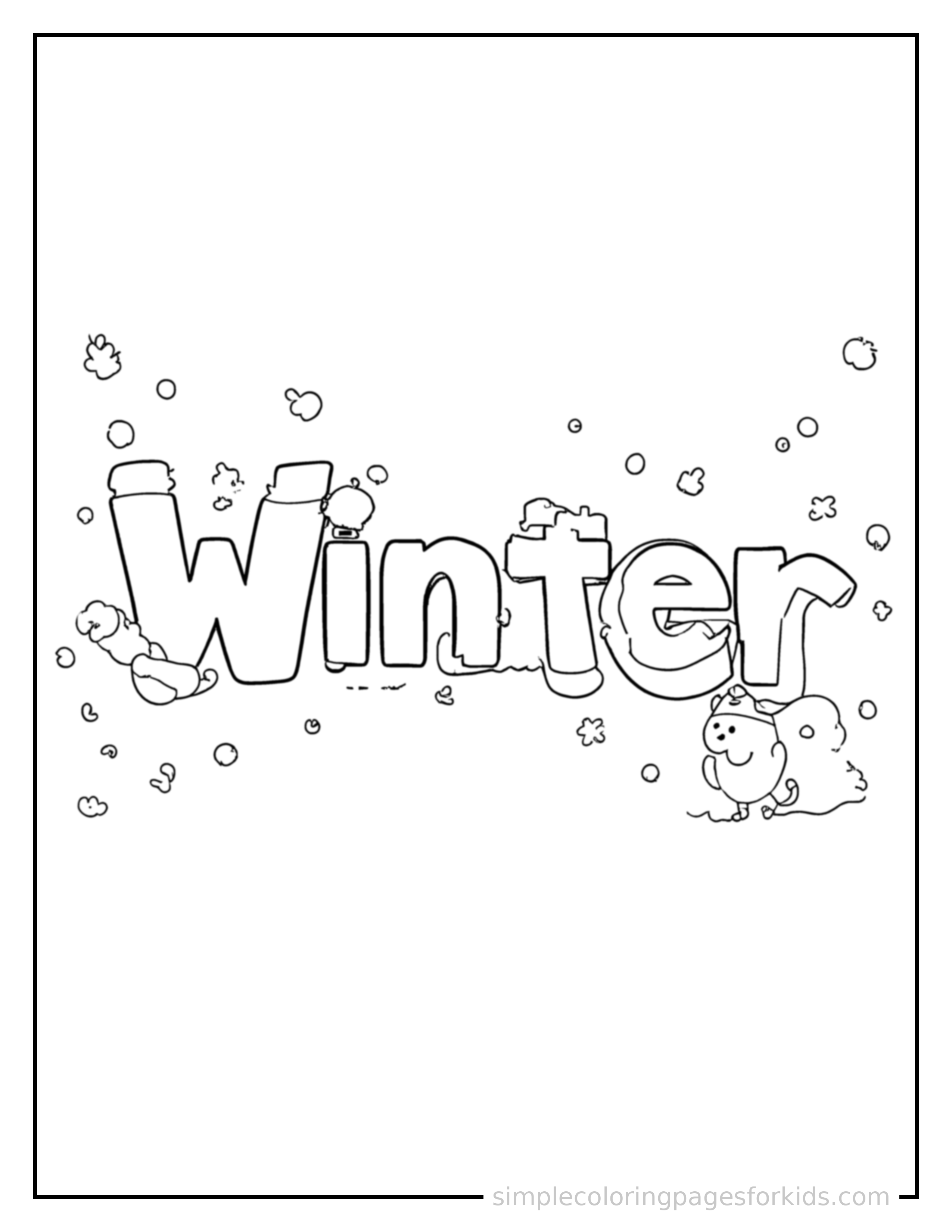 Free printable seasons coloring page featuring the word 'Winter' written in giant bold bubble letters, filling most of the page, with a small cute icon representing that season beside it.