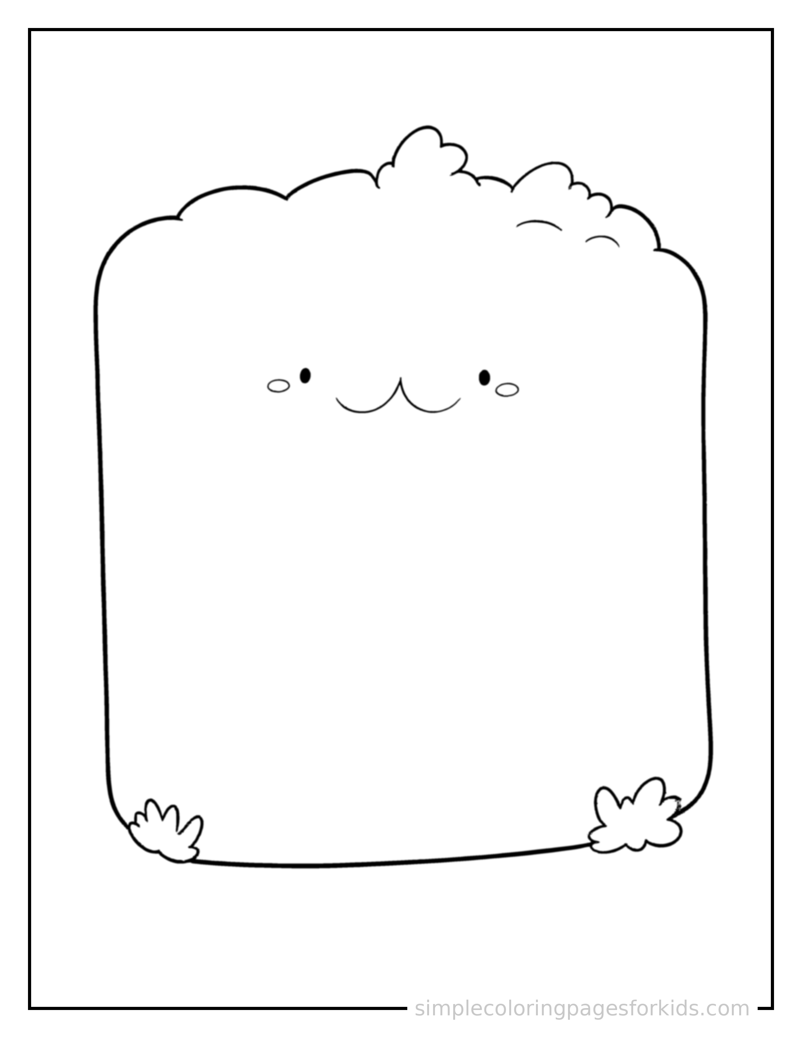 Free printable shapes coloring page featuring a giant bold square shape, clearly outlined, filling most of the page, with a cute simple smiling face on it.