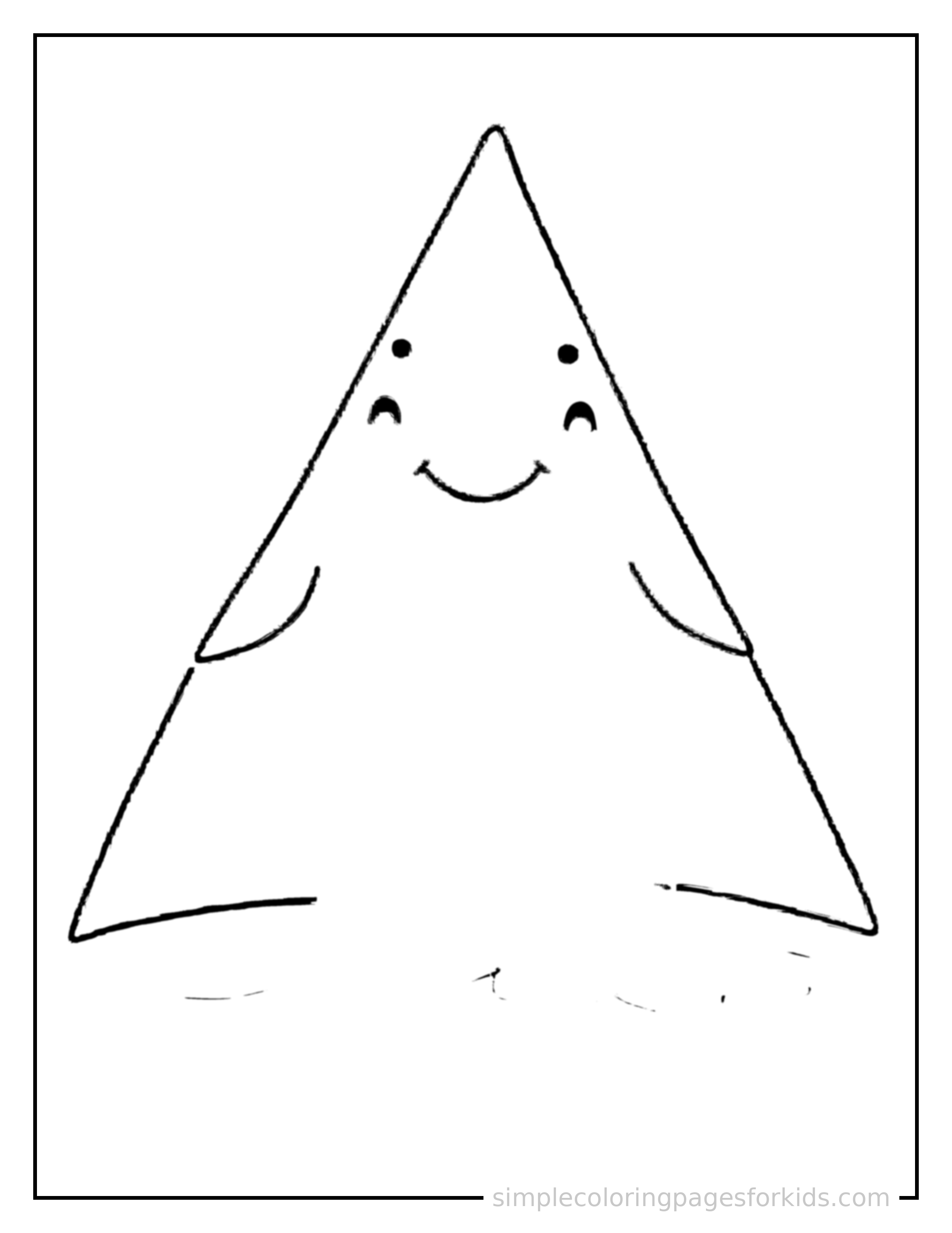Free printable shapes coloring page featuring a giant bold triangle shape, clearly outlined, filling most of the page, with a cute simple smiling face on it.