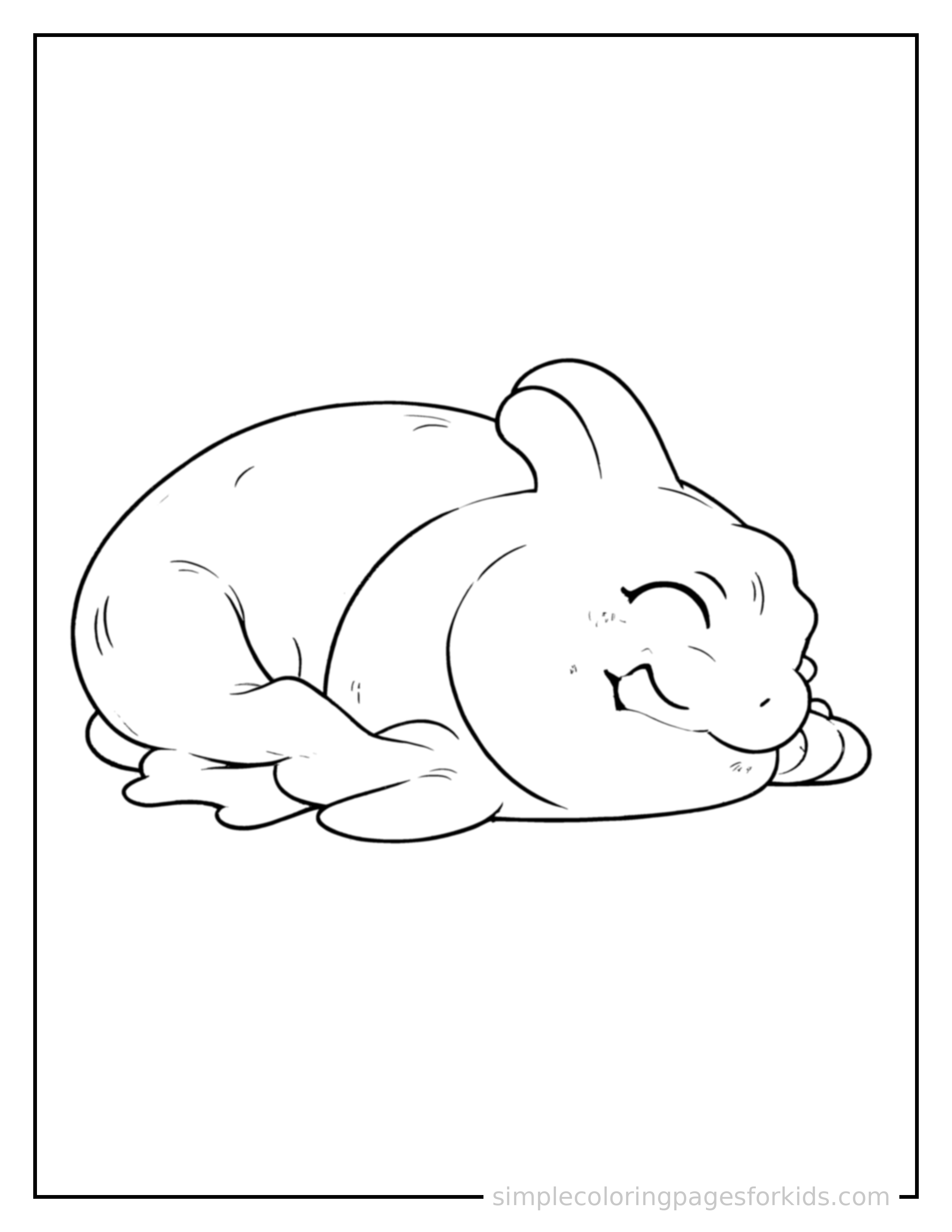 Free printable shark coloring page featuring a cute shark curled up fast asleep, peaceful smile, one eye scrunched shut, paws tucked under its chin.