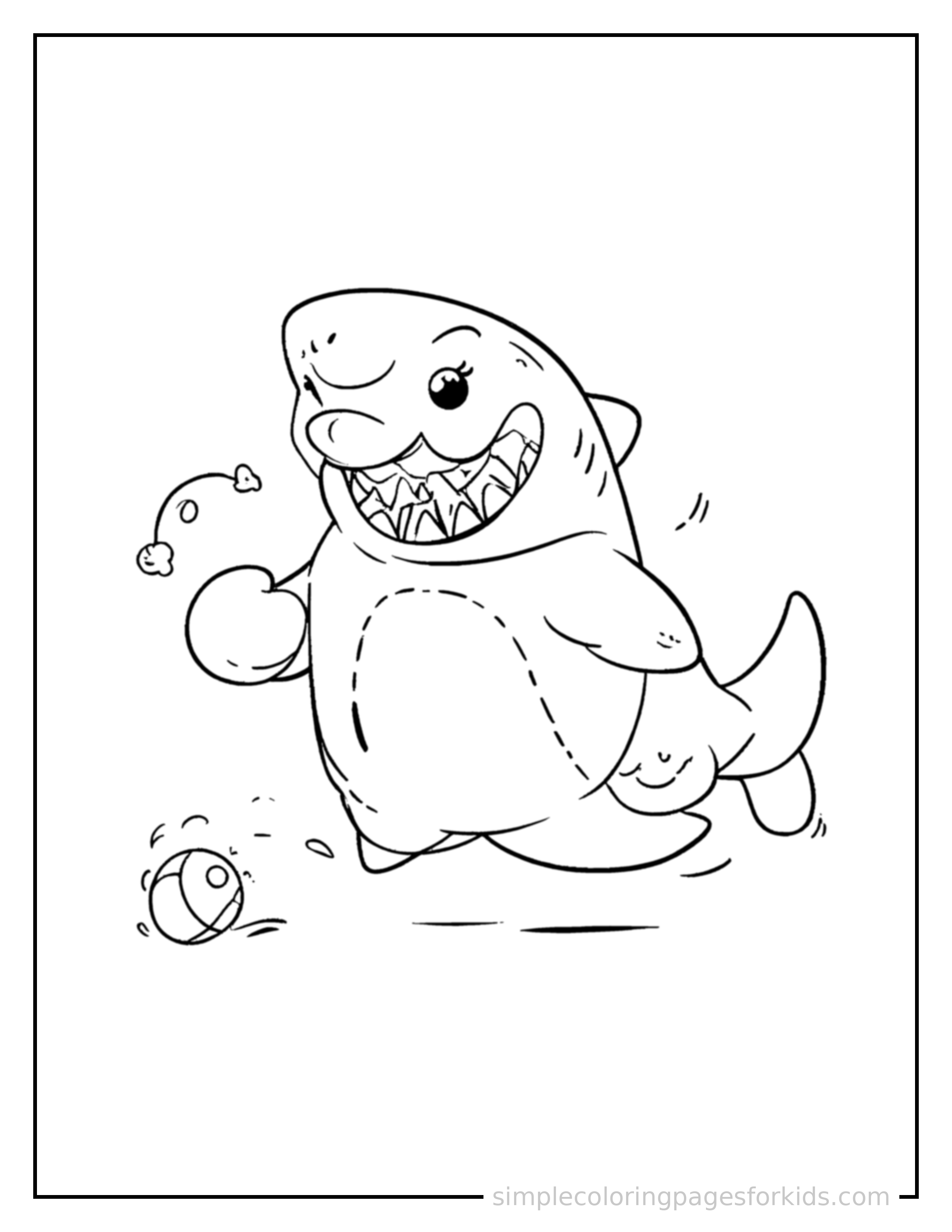 Free printable shark coloring page featuring a cute shark mid-bounce chasing a round ball, front paws stretched forward, mouth open with excitement, ears flopping.