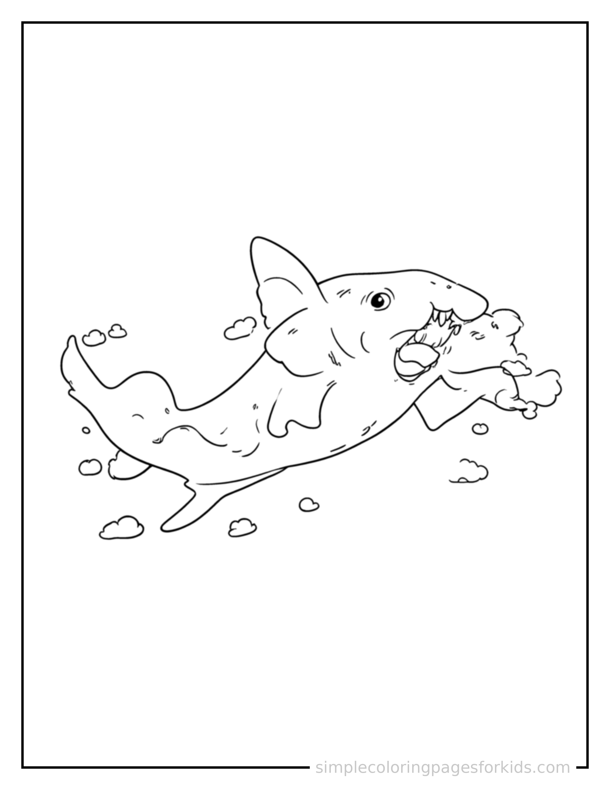 Free printable shark coloring page featuring a cute shark galloping forward at full speed, tongue out, ears flying back, big happy grin.