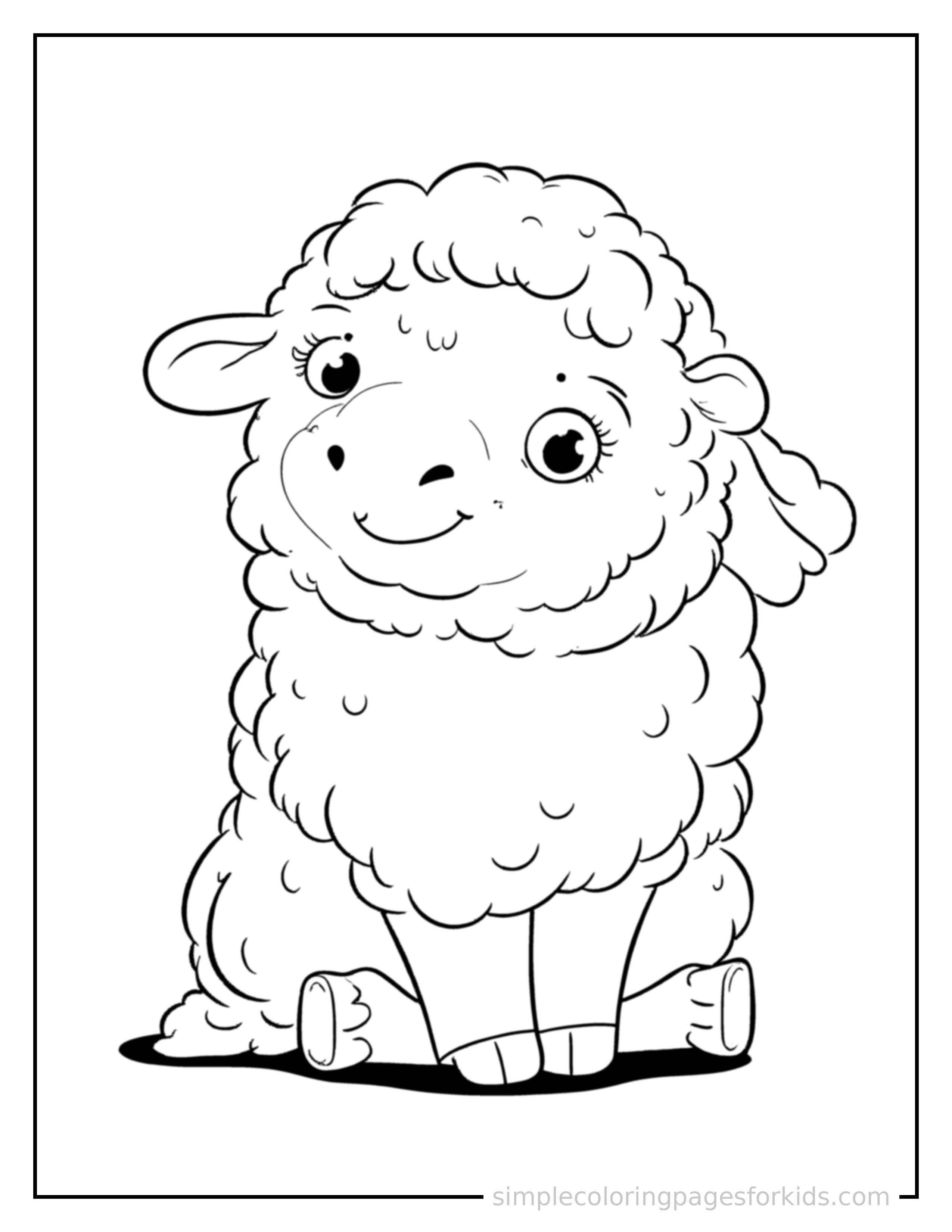 Free printable sheep coloring page featuring a cute sheep sitting up tall with a big cheerful grin, head tilted slightly, one paw raised in a wave.