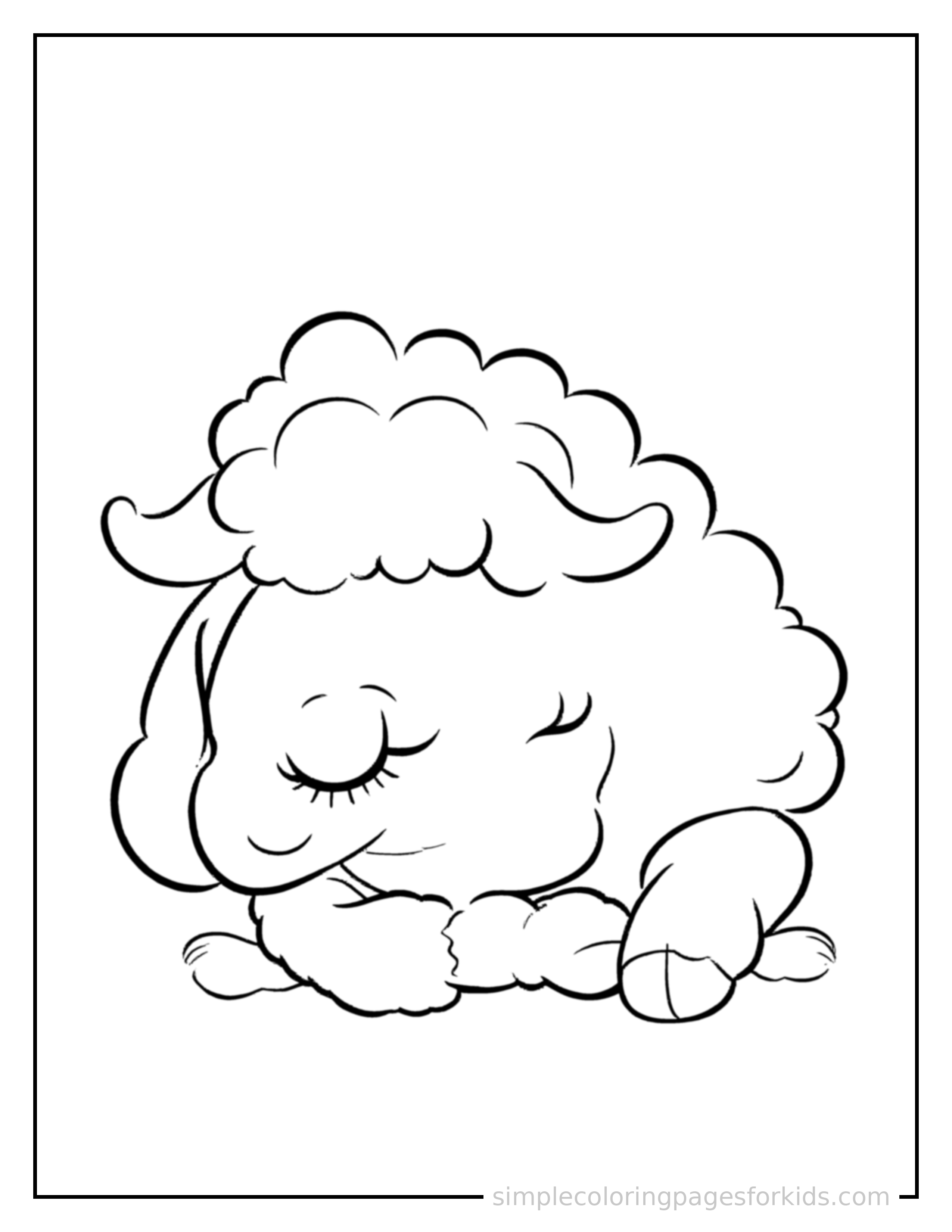 Free printable sheep coloring page featuring a cute sheep curled up fast asleep, peaceful smile, one eye scrunched shut, paws tucked under its chin.