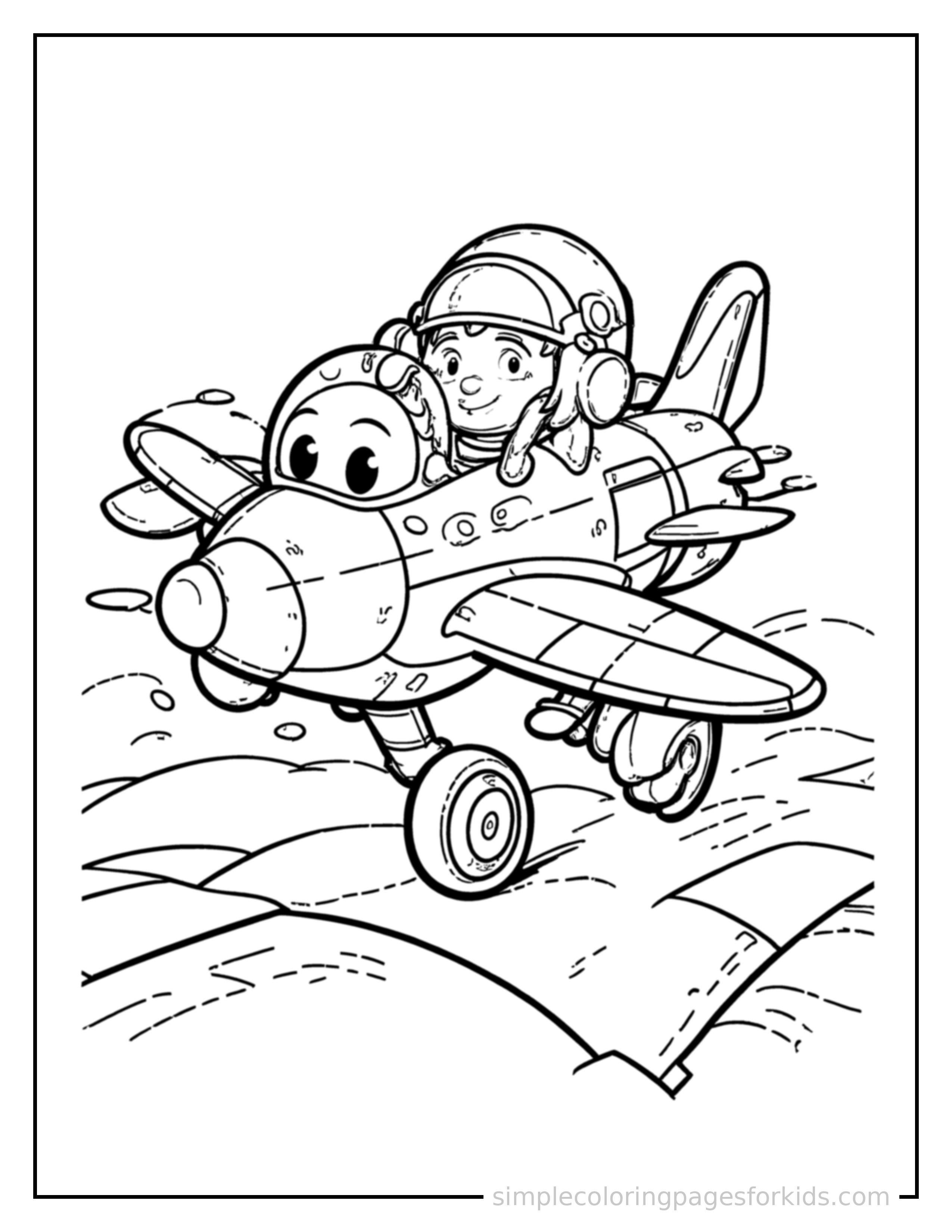 Free printable sky squad plane coloring page featuring a cute transforming robot airplane with a friendly face on the nose bouncing over a small bump in the road, joyful expression, wheels off the ground.