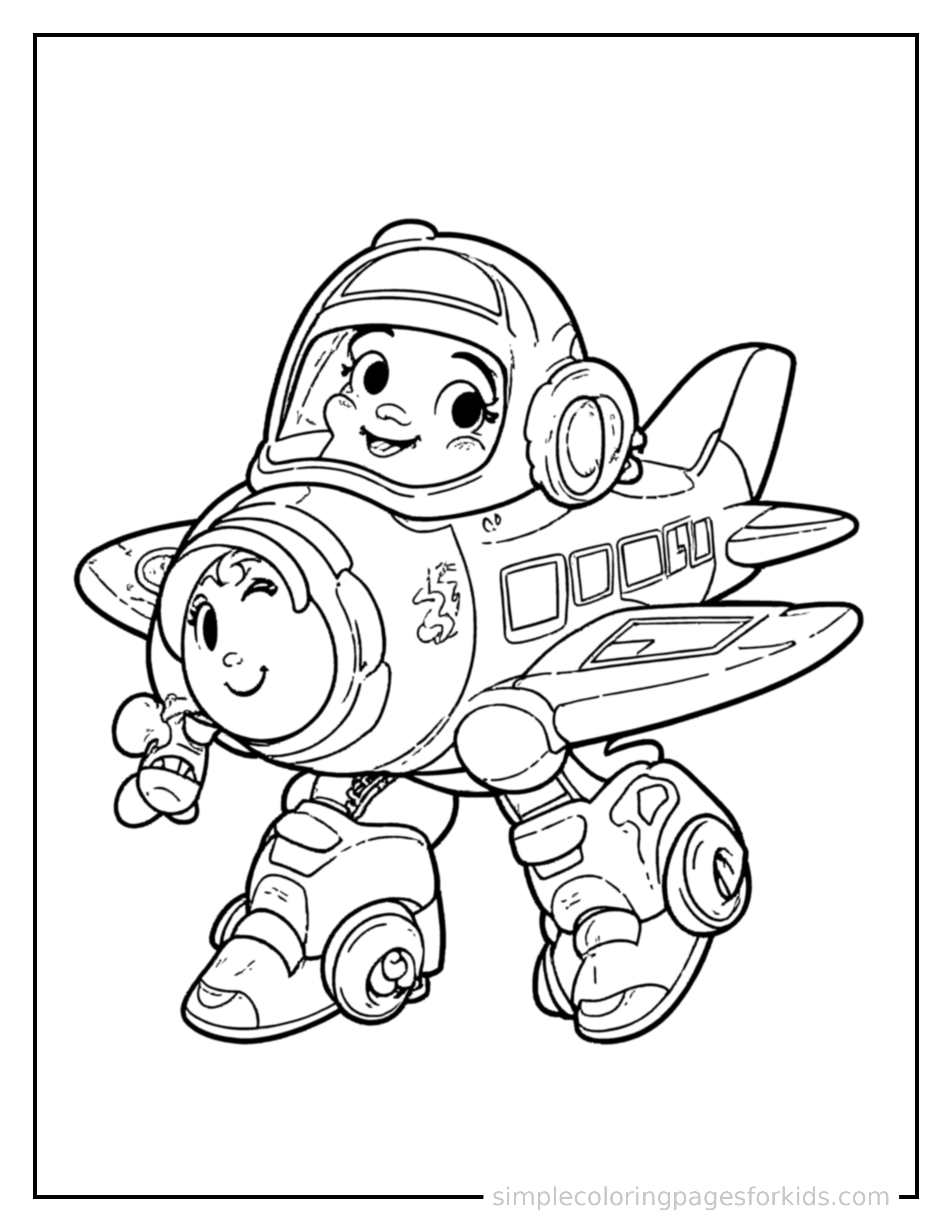 Free printable sky squad plane coloring page featuring a cute transforming robot airplane with a friendly face on the nose loaded up with fun cargo, proud big smile, motion lines showing it moving.