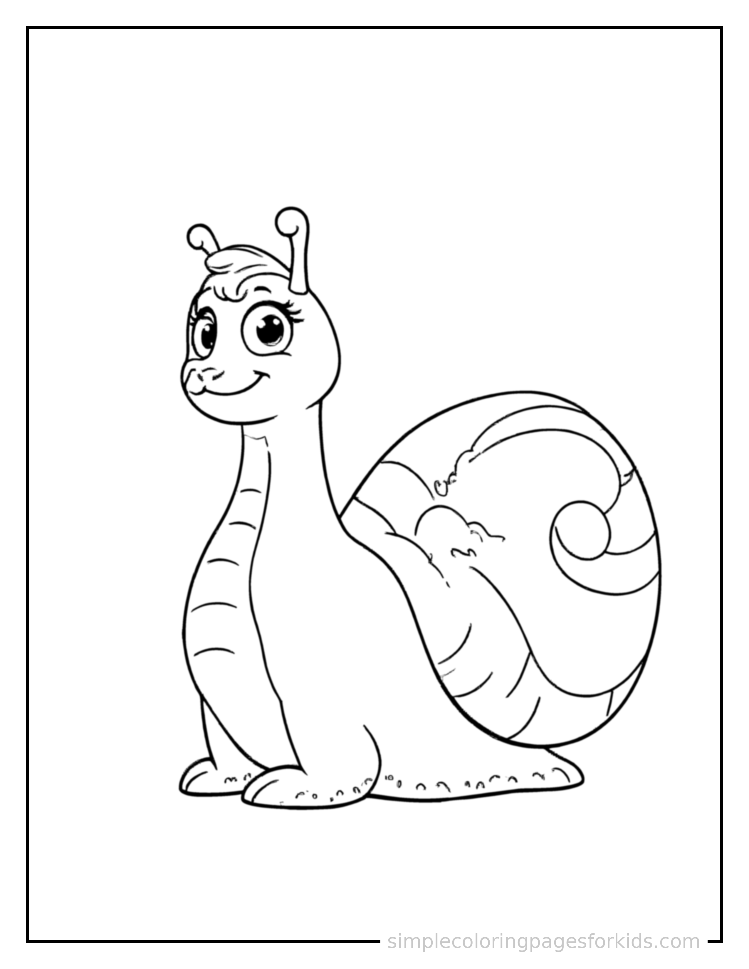 Free printable snail coloring page featuring a cute snail standing proudly on all fours, chest puffed out, big sparkling happy eyes, mouth open in a joyful smile.