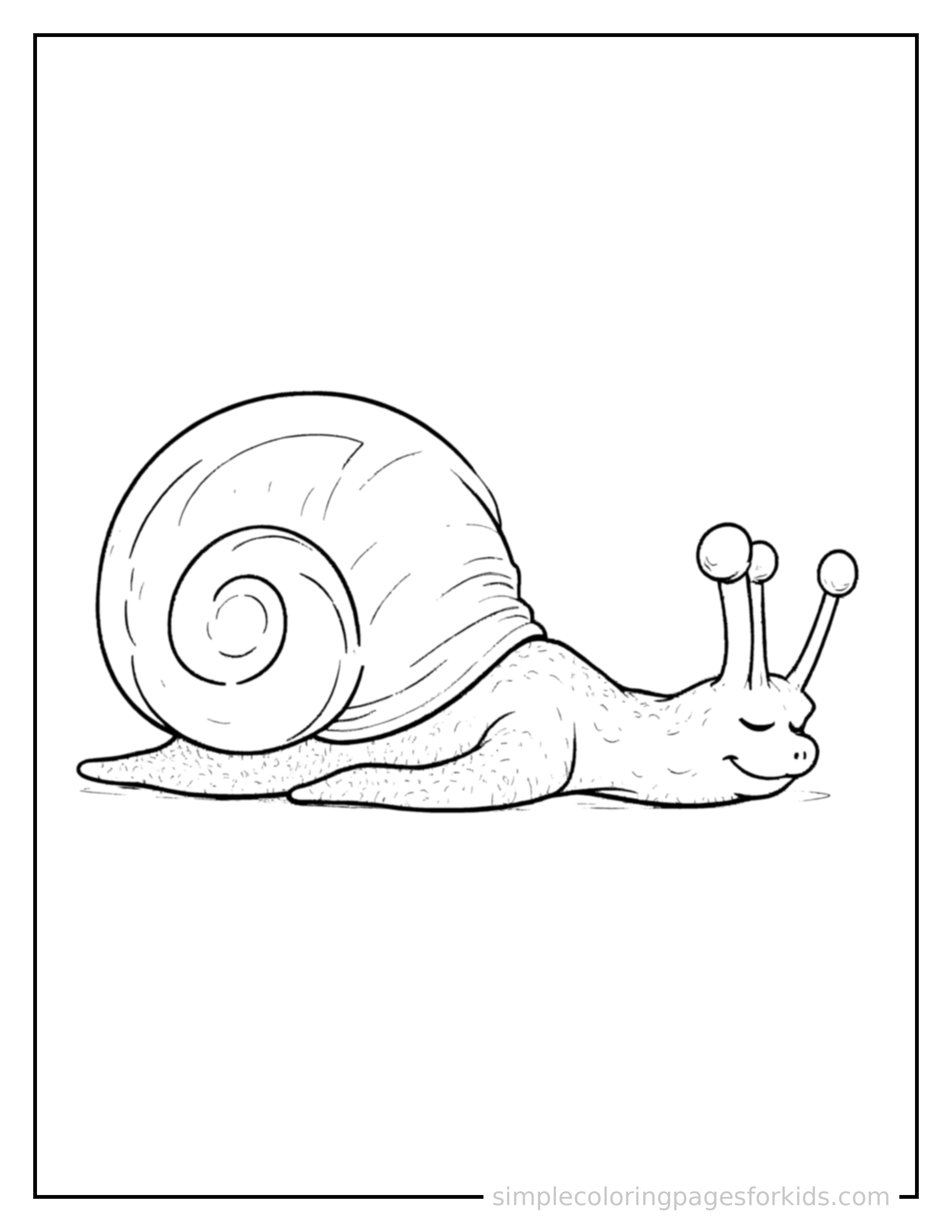 Free printable snail coloring page featuring a cute snail curled up fast asleep, peaceful smile, one eye scrunched shut, paws tucked under its chin.