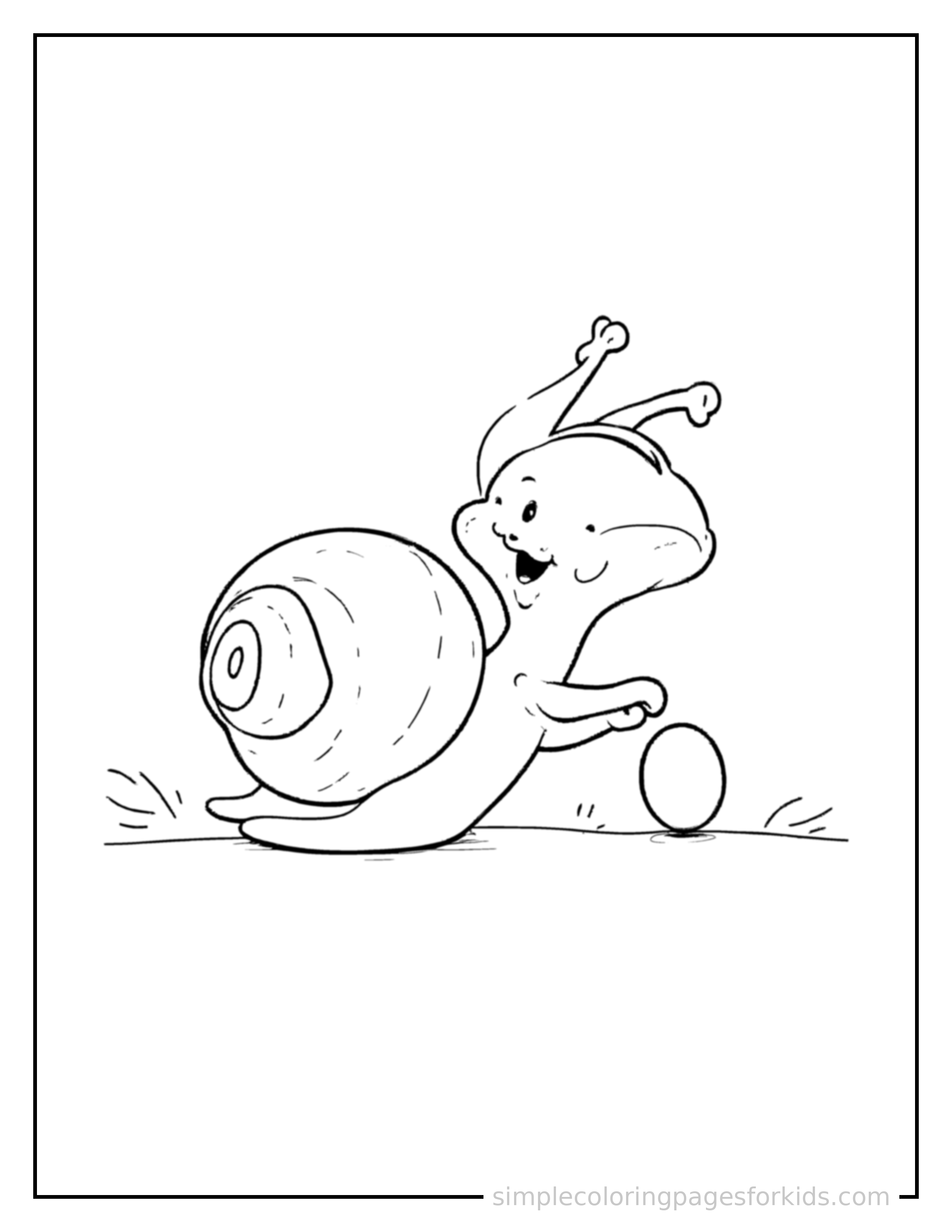 Free printable snail coloring page featuring a cute snail mid-bounce chasing a round ball, front paws stretched forward, mouth open with excitement, ears flopping.