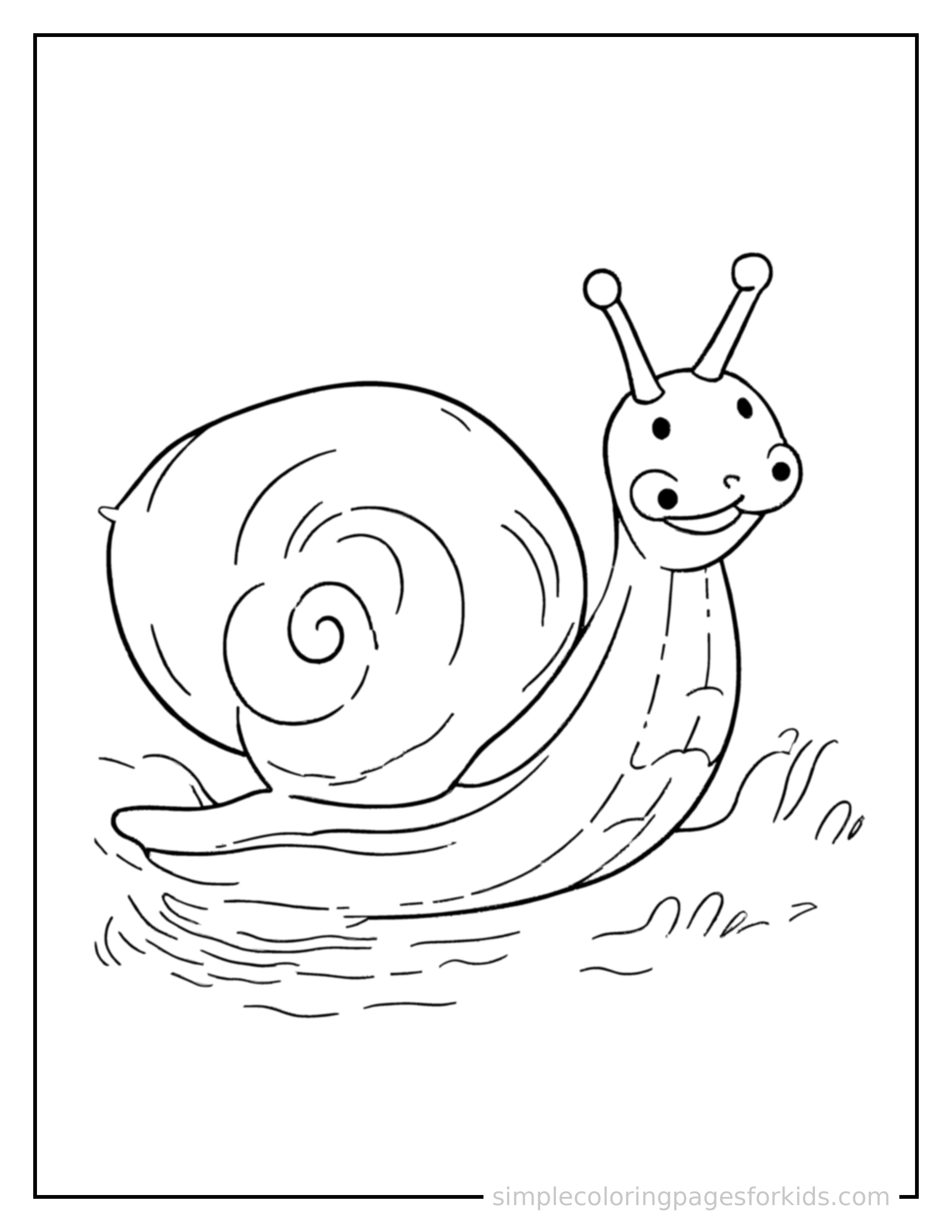 Free printable snail coloring page featuring a cute snail galloping forward at full speed, tongue out, ears flying back, big happy grin.