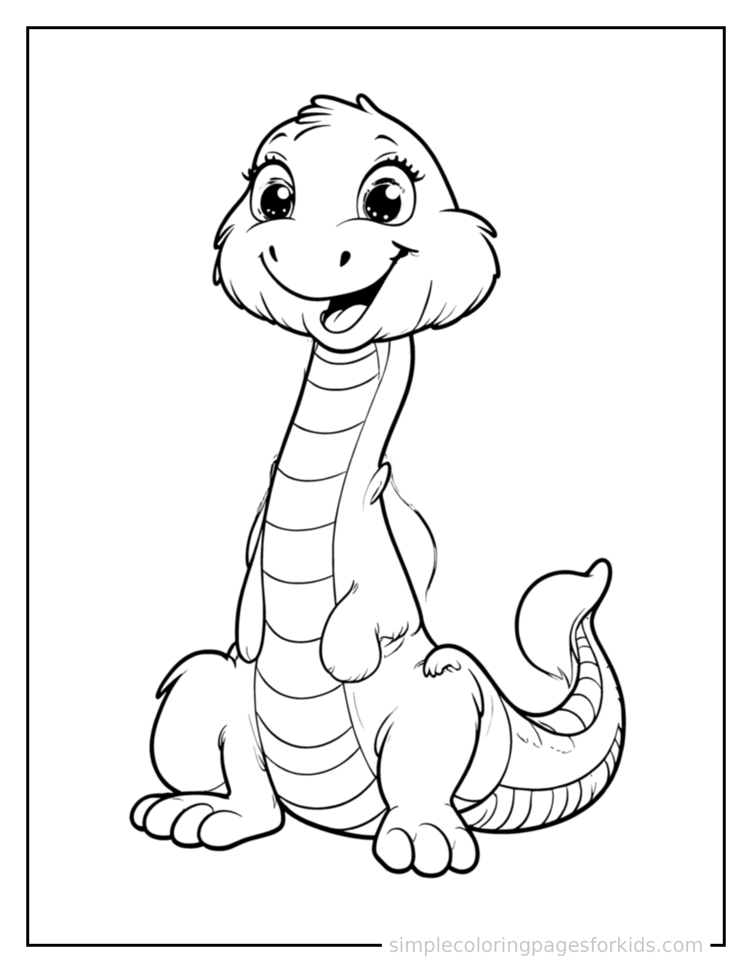 Free printable snake coloring page featuring a cute snake standing proudly on all fours, chest puffed out, big sparkling happy eyes, mouth open in a joyful smile.