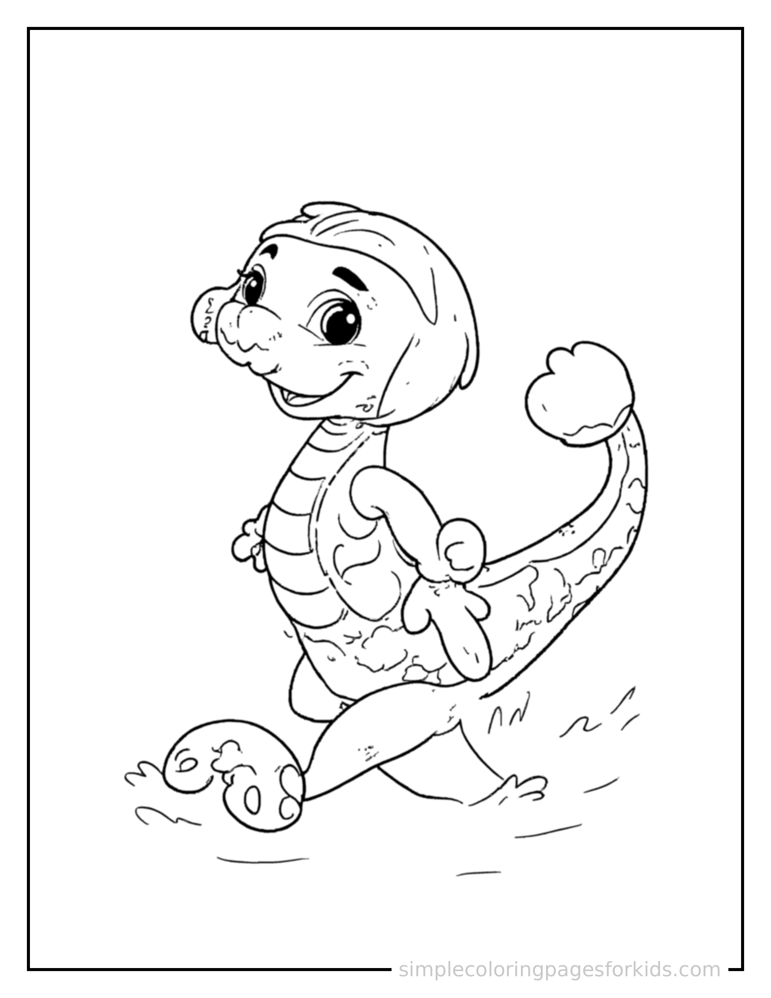 Free printable snake coloring page featuring a cute snake mid-bounce chasing a round ball, front paws stretched forward, mouth open with excitement, ears flopping.