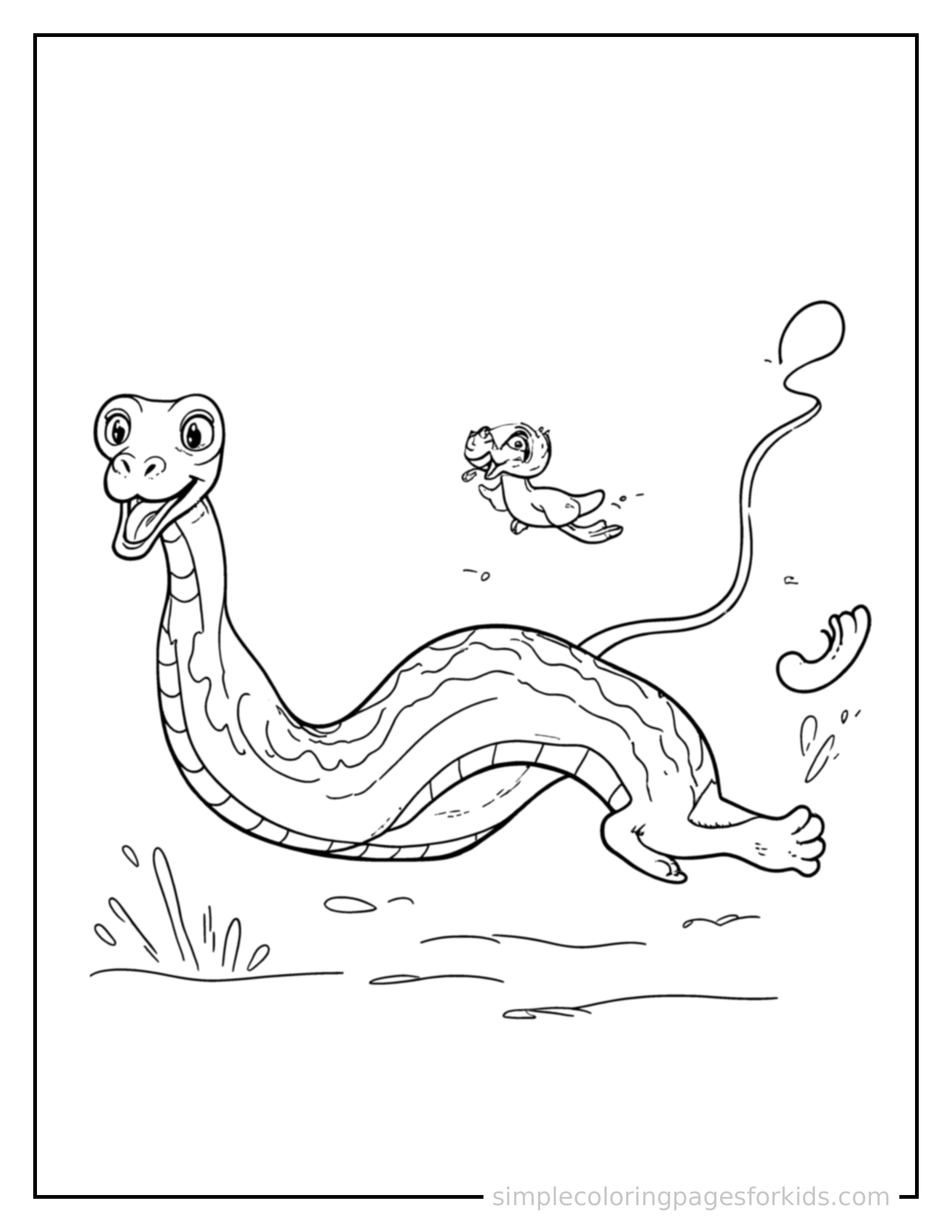 Free printable snake coloring page featuring a cute snake galloping forward at full speed, tongue out, ears flying back, big happy grin.