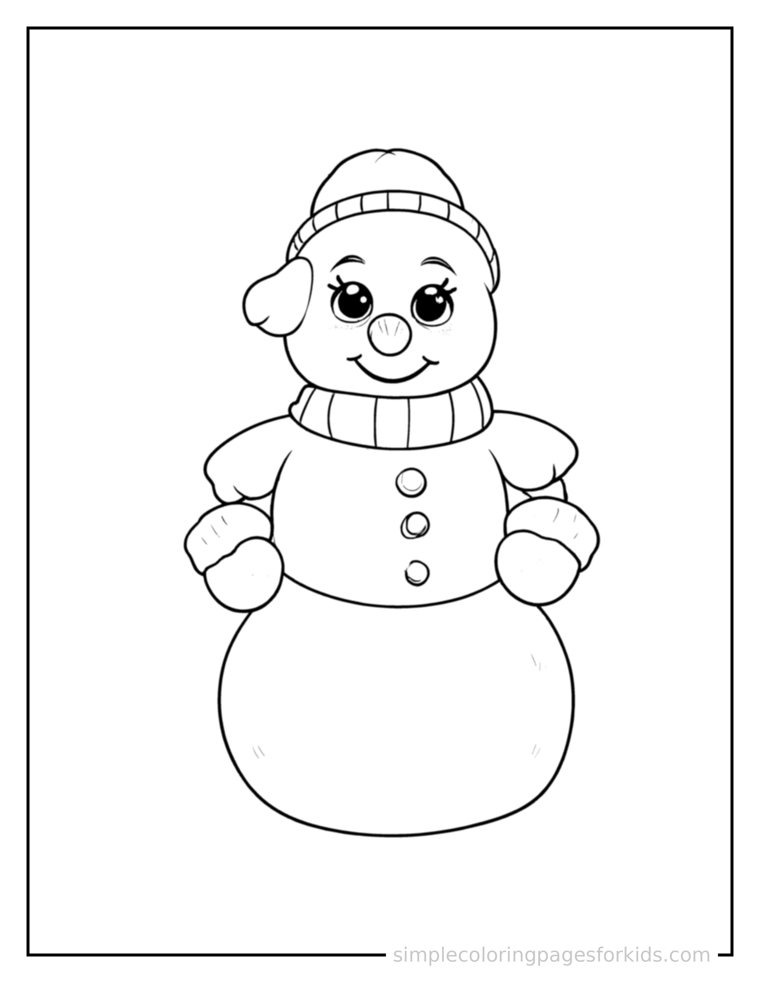Free printable snowman coloring page featuring a cute snowman with a carrot nose and coal button eyes standing proudly with hands on hips, chest out, big sparkling happy eyes and open smile.