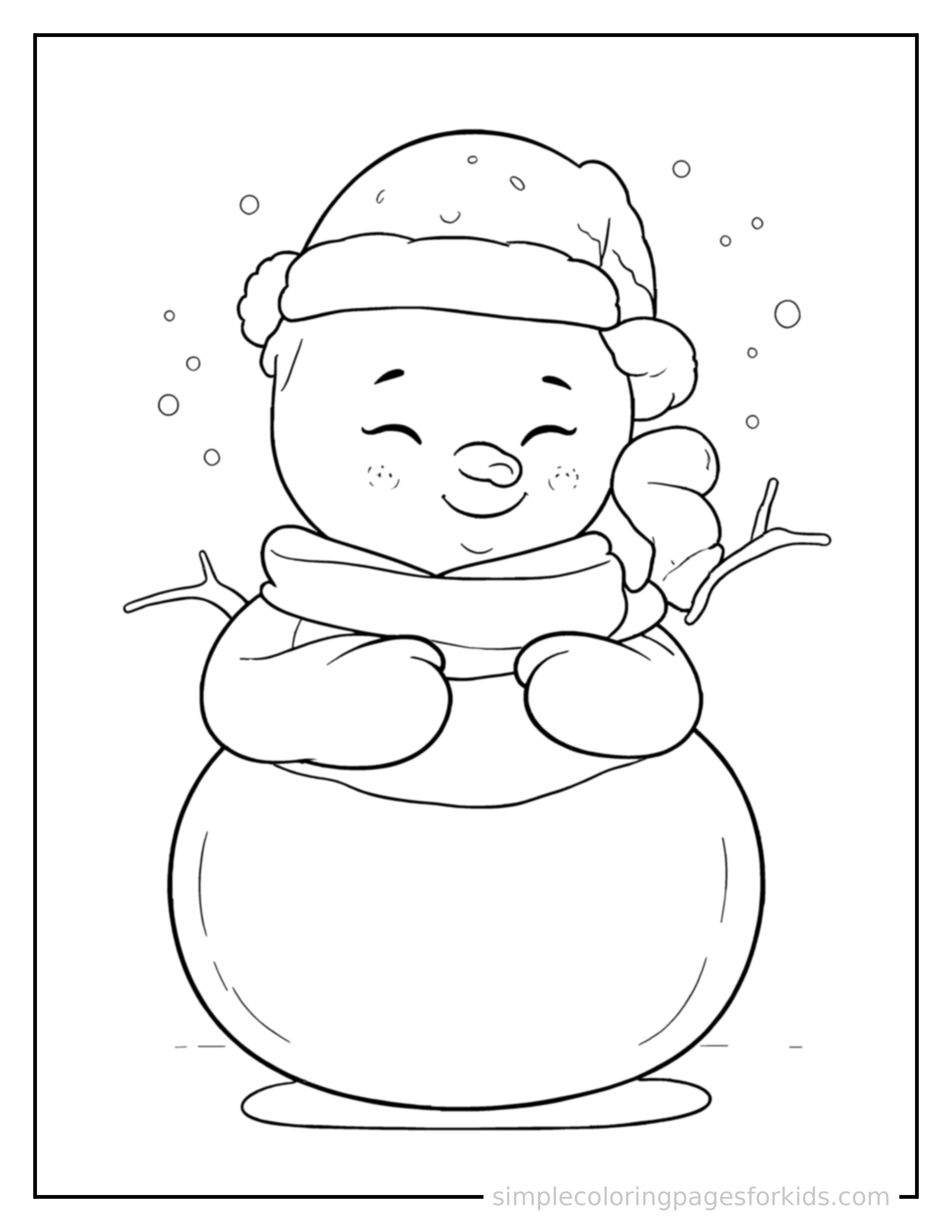 Free printable snowman coloring page featuring a cute snowman with a carrot nose and coal button eyes curled up fast asleep, peaceful smile, one eye scrunched shut, hands tucked under the chin.