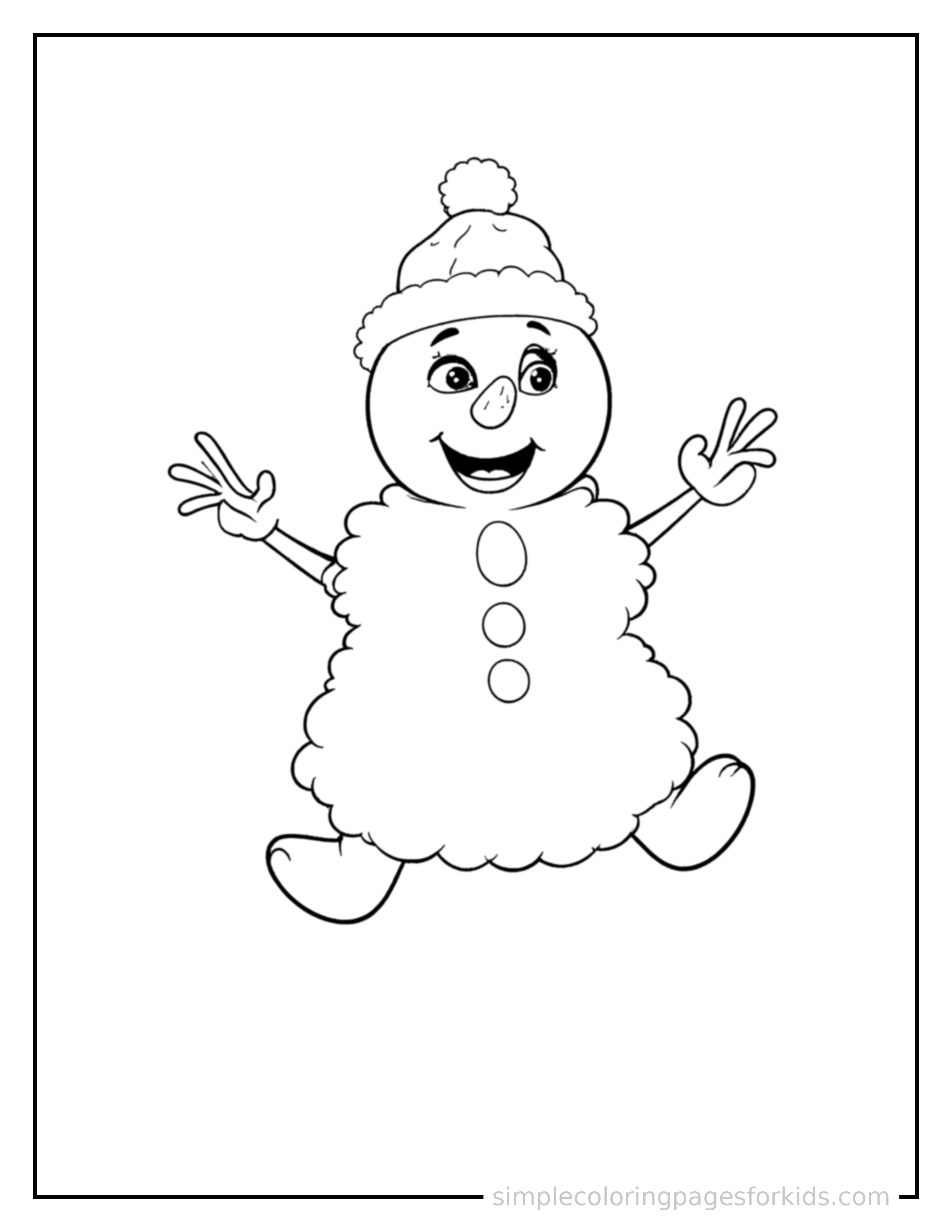 Free printable snowman coloring page featuring a cute snowman with a carrot nose and coal button eyes mid-jump with arms and legs stretched out playfully, mouth open with excitement.