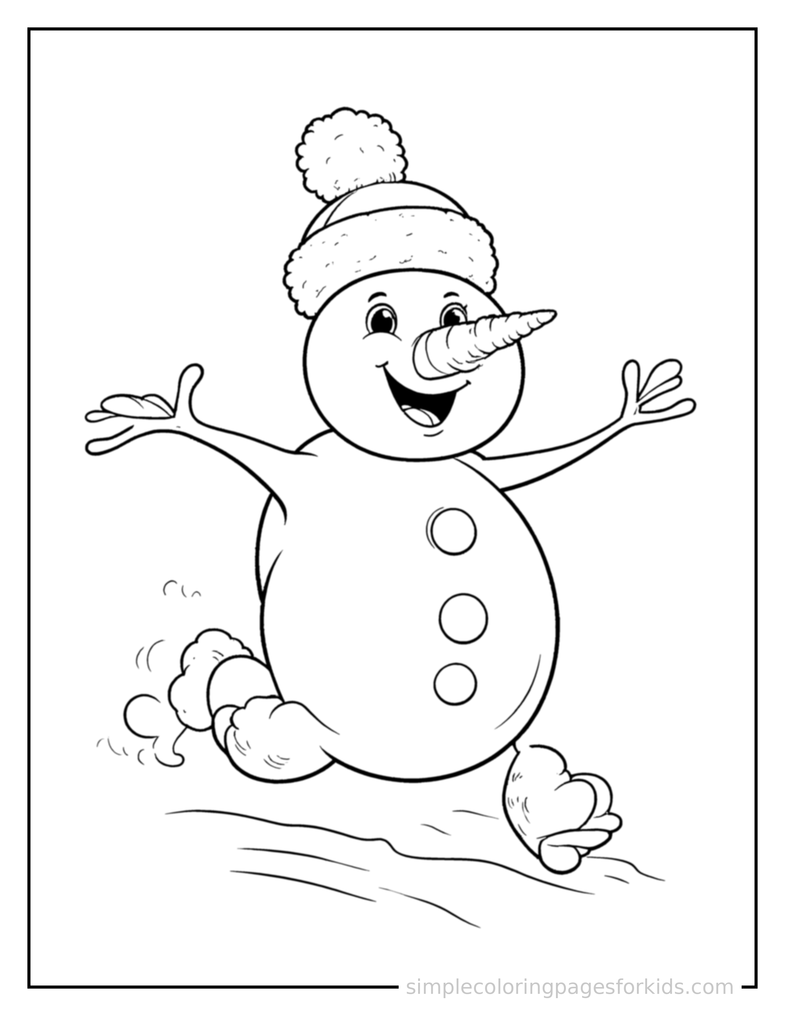Free printable snowman coloring page featuring a cute snowman with a carrot nose and coal button eyes running forward at full speed, arms pumping, big happy grin.