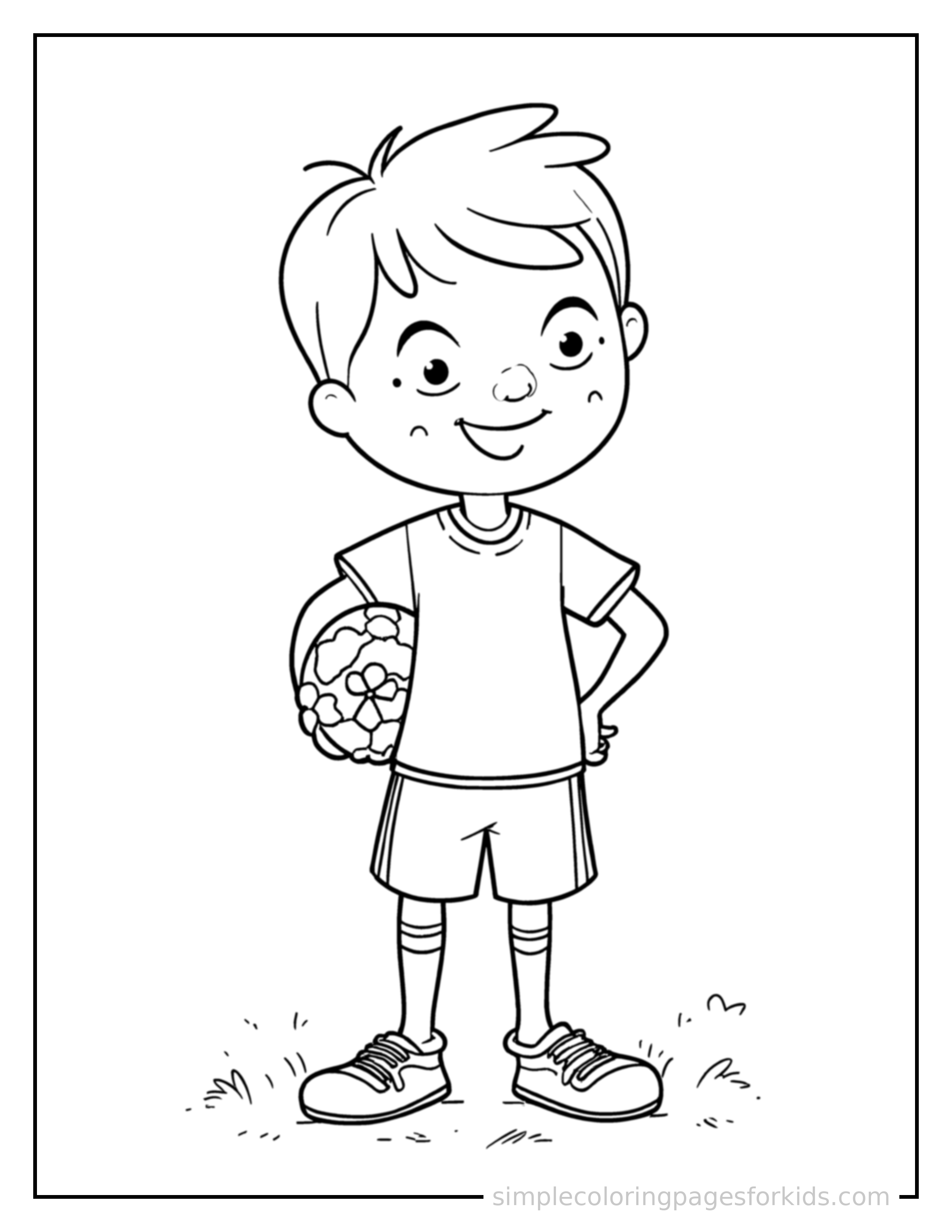 Free printable soccer coloring page featuring a cute kid playing soccer with a soccer ball standing proudly with hands on hips, chest out, big sparkling happy eyes and open smile.