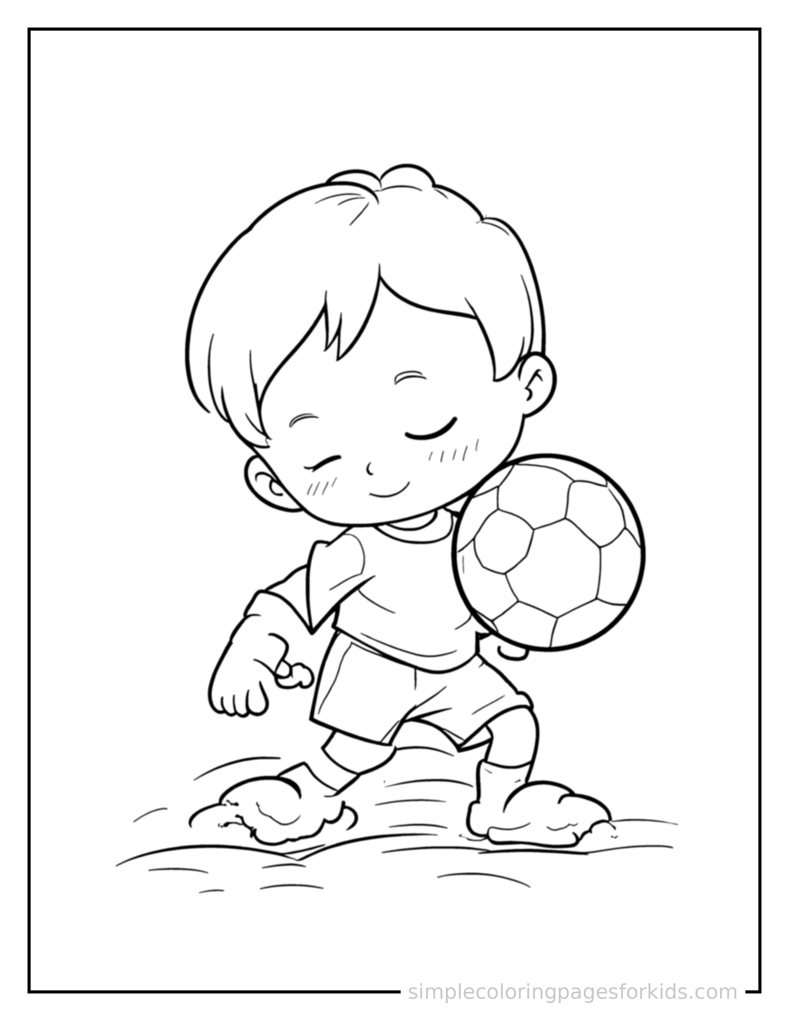 Free printable soccer coloring page featuring a cute kid playing soccer with a soccer ball curled up fast asleep, peaceful smile, one eye scrunched shut, hands tucked under the chin.