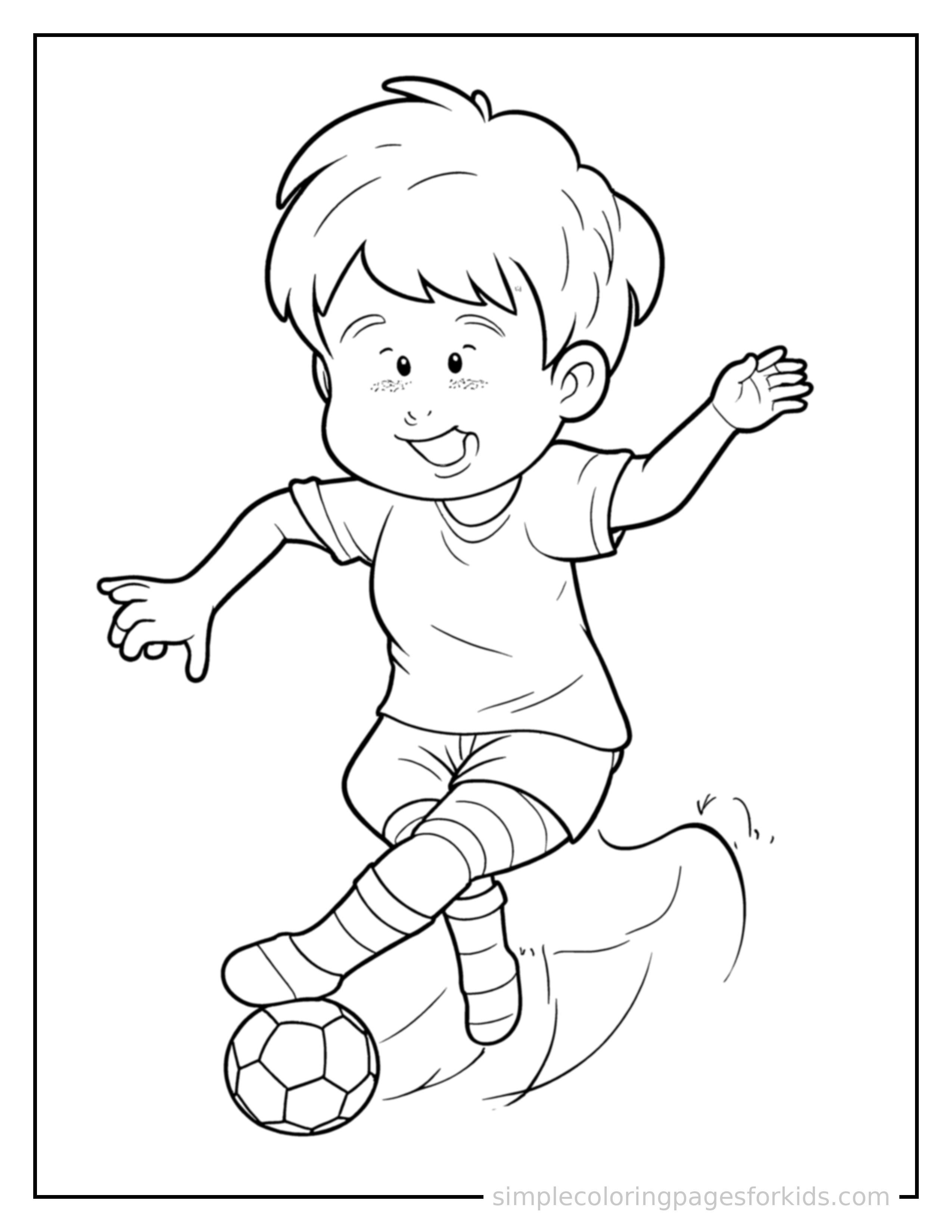 Free printable soccer coloring page featuring a cute kid playing soccer with a soccer ball mid-jump with arms and legs stretched out playfully, mouth open with excitement.