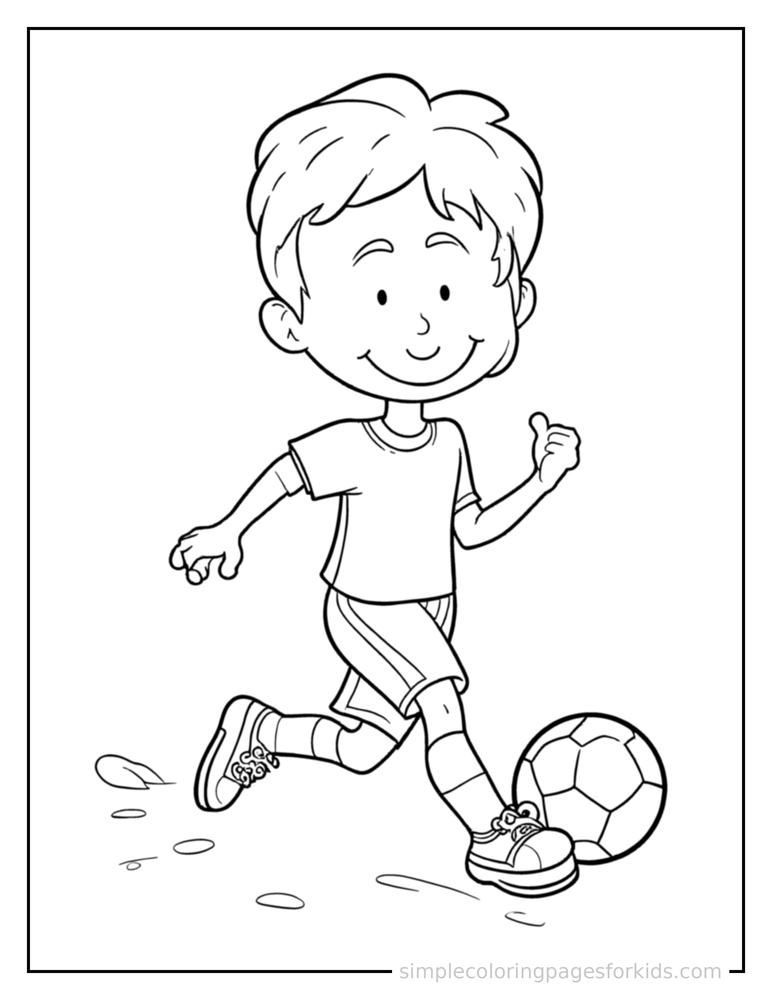 Free printable soccer coloring page featuring a cute kid playing soccer with a soccer ball running forward at full speed, arms pumping, big happy grin.