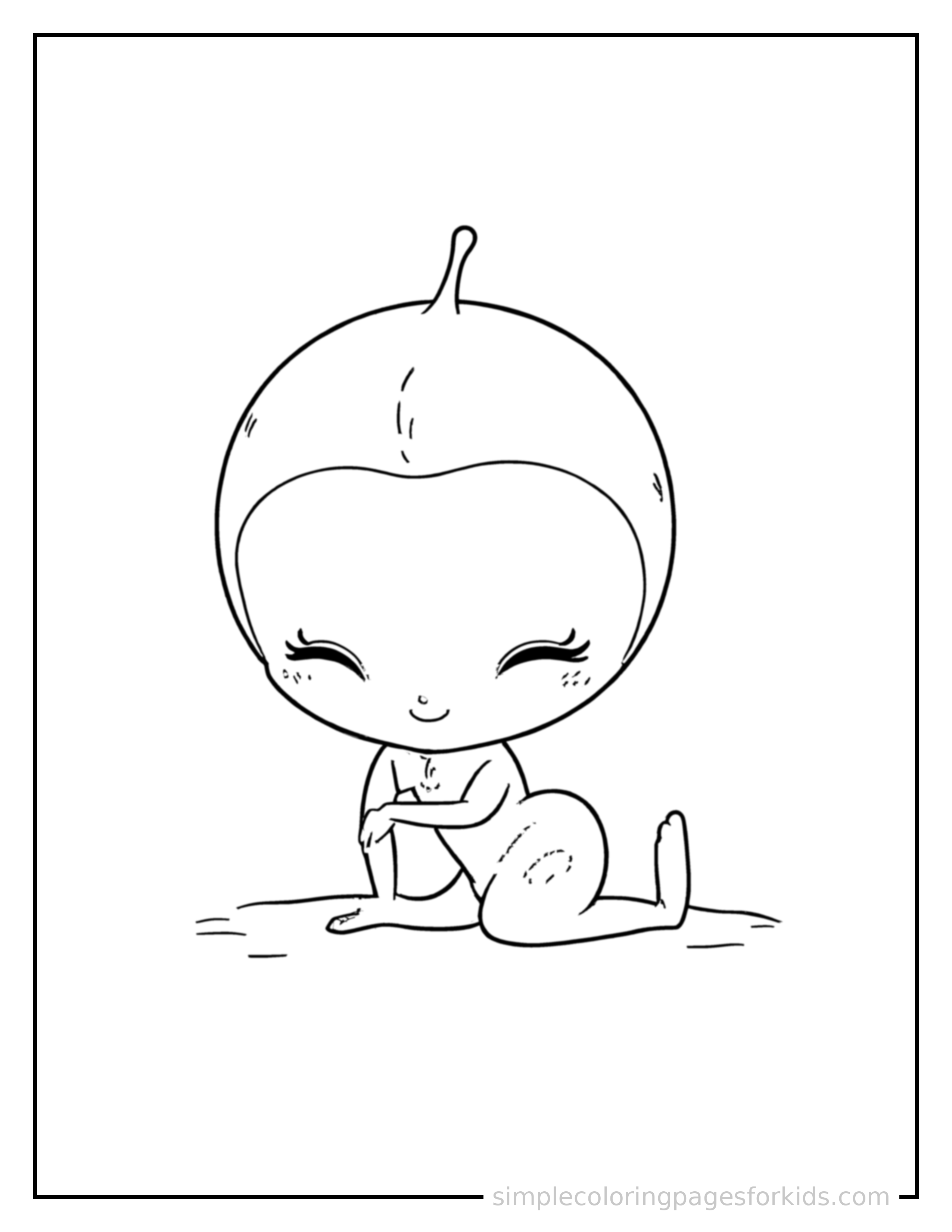 Free printable space buddy coloring page featuring a cute big-eyed alien creature with a round head and a tiny antenna curled up fast asleep, peaceful smile, one eye scrunched shut, hands tucked under the chin.