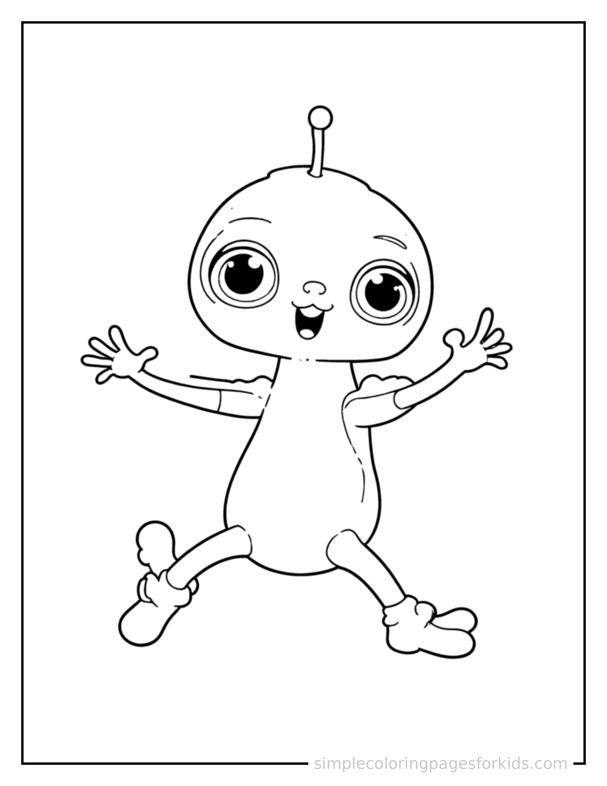 Free printable space buddy coloring page featuring a cute big-eyed alien creature with a round head and a tiny antenna mid-jump with arms and legs stretched out playfully, mouth open with excitement.