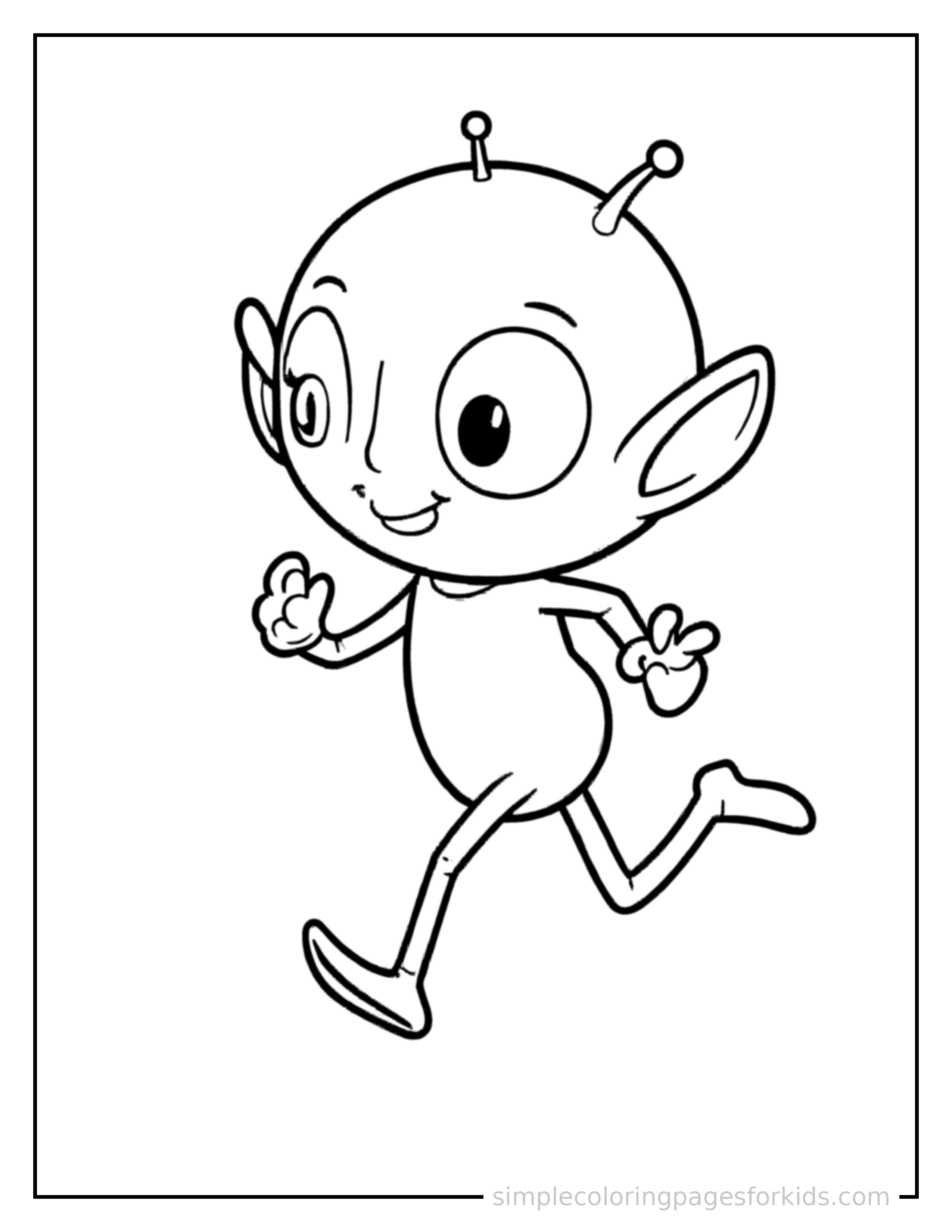 Free printable space buddy coloring page featuring a cute big-eyed alien creature with a round head and a tiny antenna running forward at full speed, arms pumping, big happy grin.