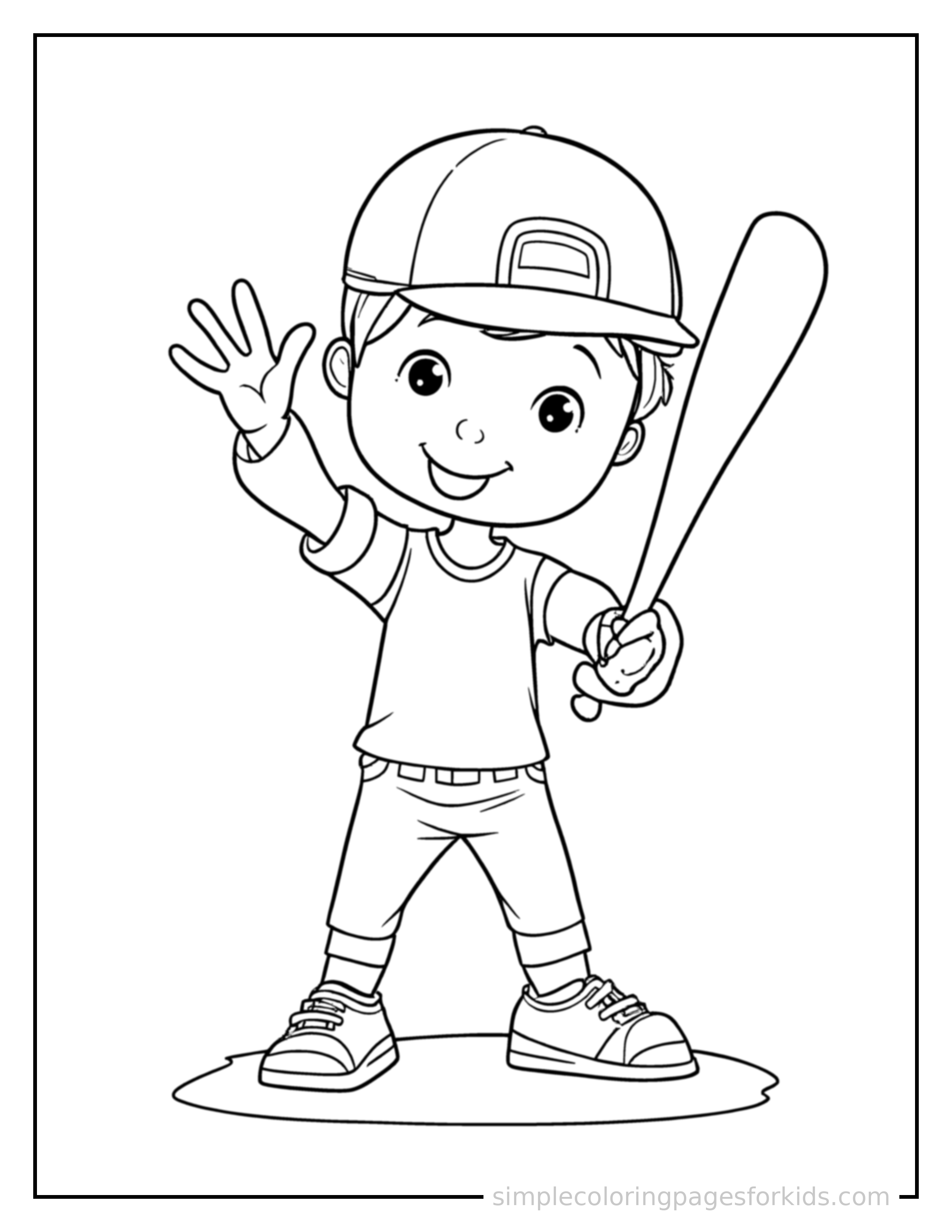 Free printable kid playing baseball with a bat coloring page featuring a cute kid playing baseball with a bat standing tall with a big cheerful grin, one hand raised in a wave, head tilted slightly.