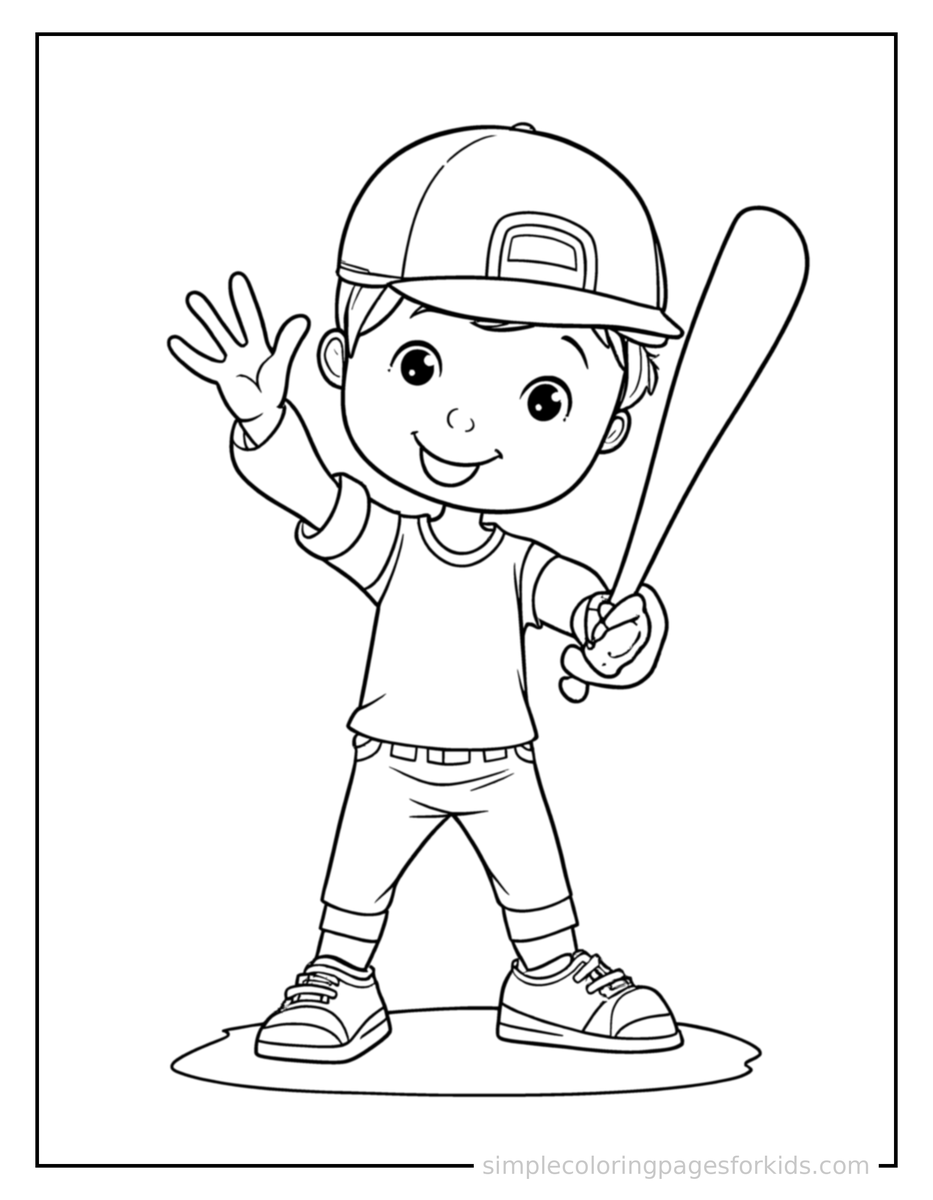 Free printable kid playing baseball with a bat coloring page featuring a cute kid playing baseball with a bat standing tall with a big cheerful grin, one hand raised in a wave, head tilted slightly.