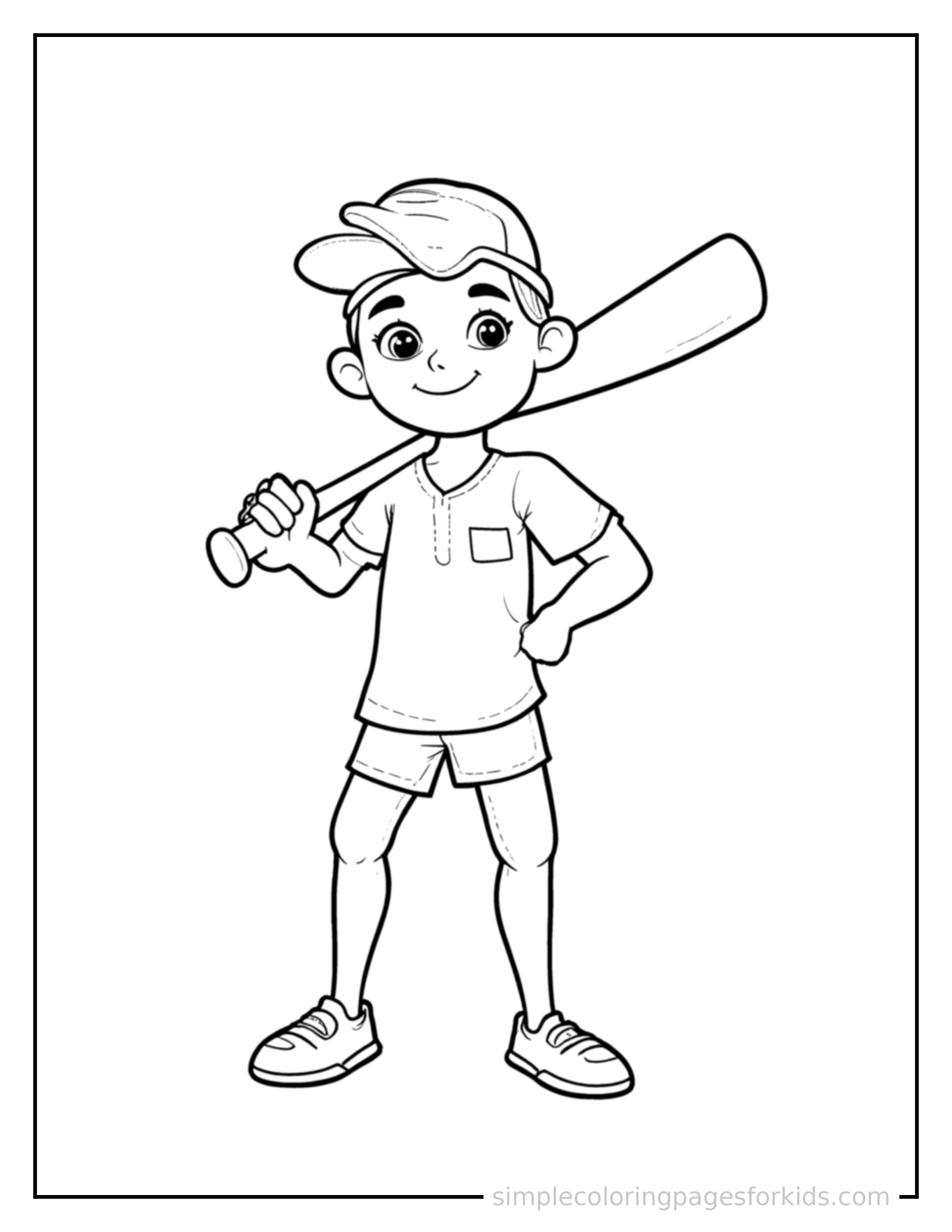 Free printable kid playing baseball with a bat coloring page featuring a cute kid playing baseball with a bat standing proudly with hands on hips, chest out, big sparkling happy eyes and open smile.