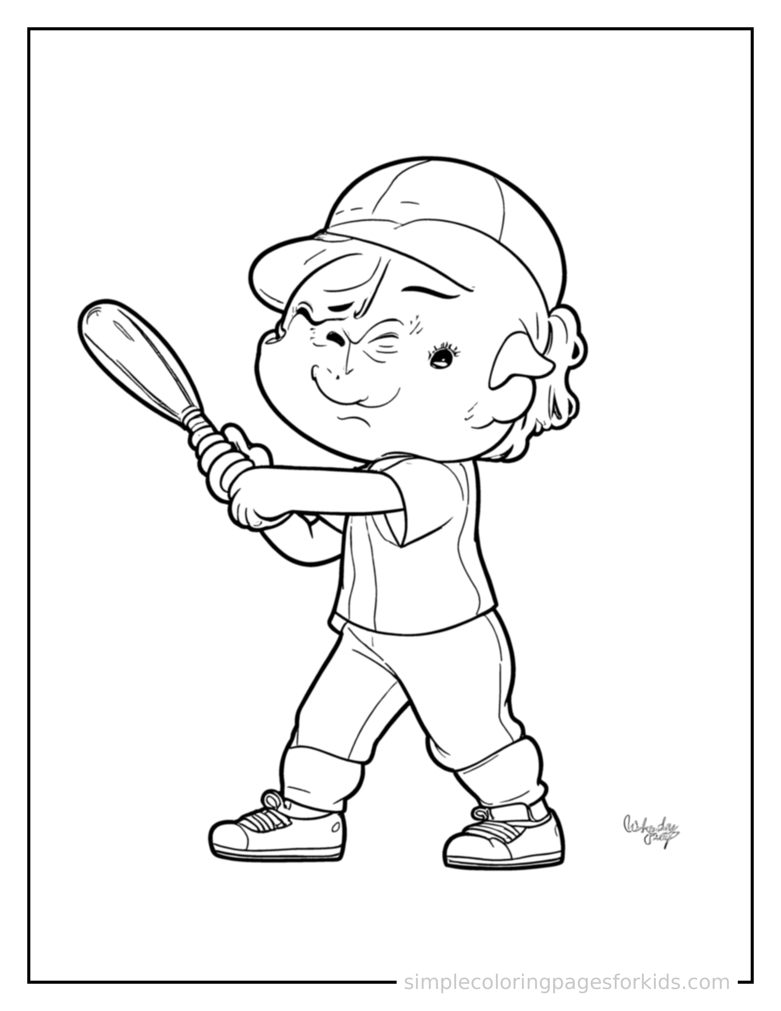 Free printable kid playing baseball with a bat coloring page featuring a cute kid playing baseball with a bat curled up fast asleep, peaceful smile, one eye scrunched shut, hands tucked under the chin.