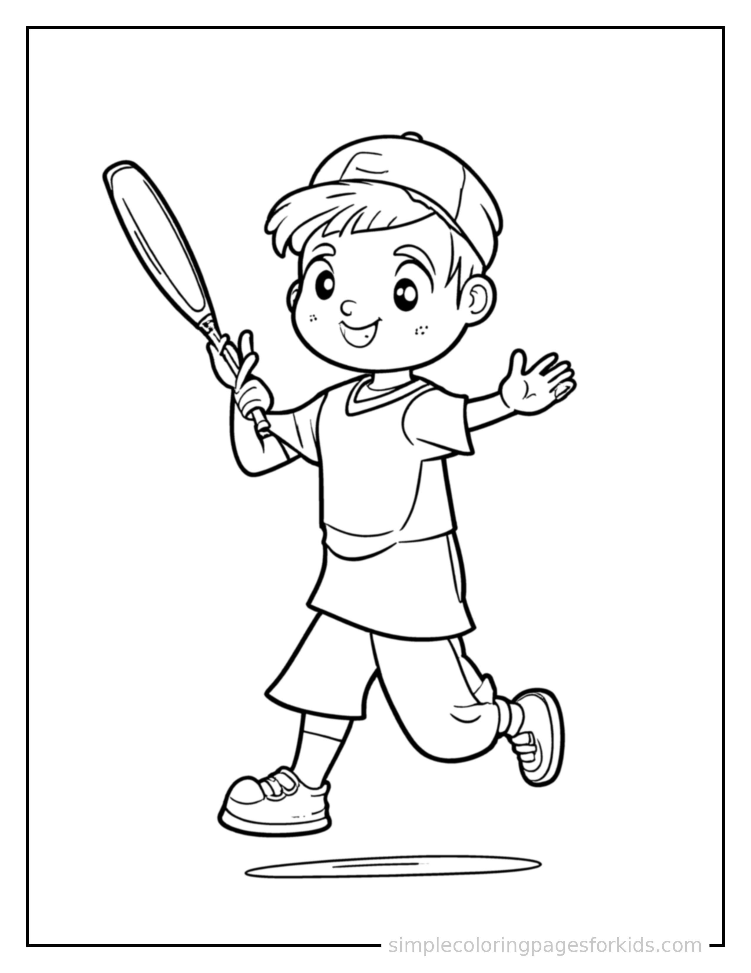 Free printable kid playing baseball with a bat coloring page featuring a cute kid playing baseball with a bat mid-jump with arms and legs stretched out playfully, mouth open with excitement.