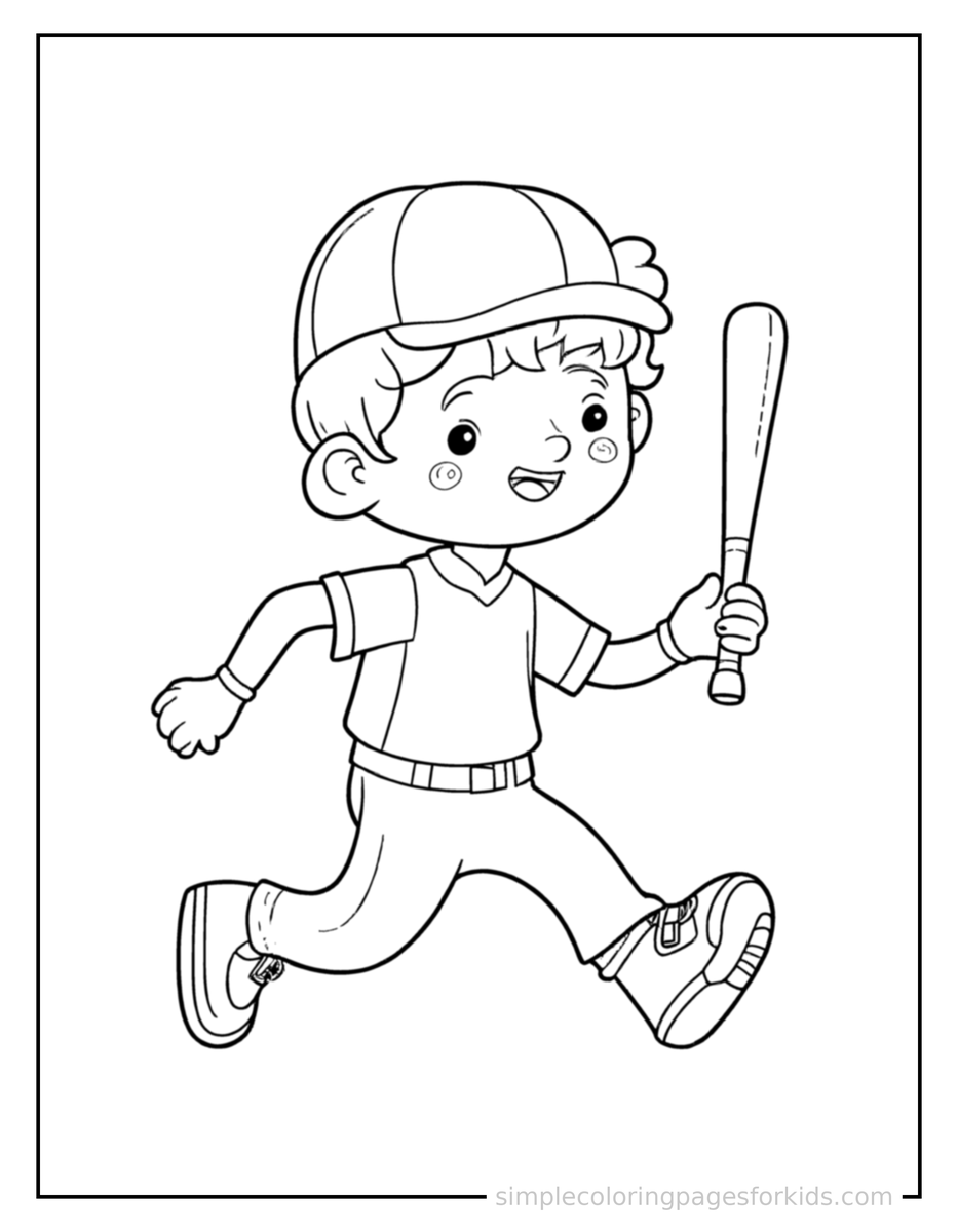 Running Kid Playing Baseball With A Bat Coloring Page