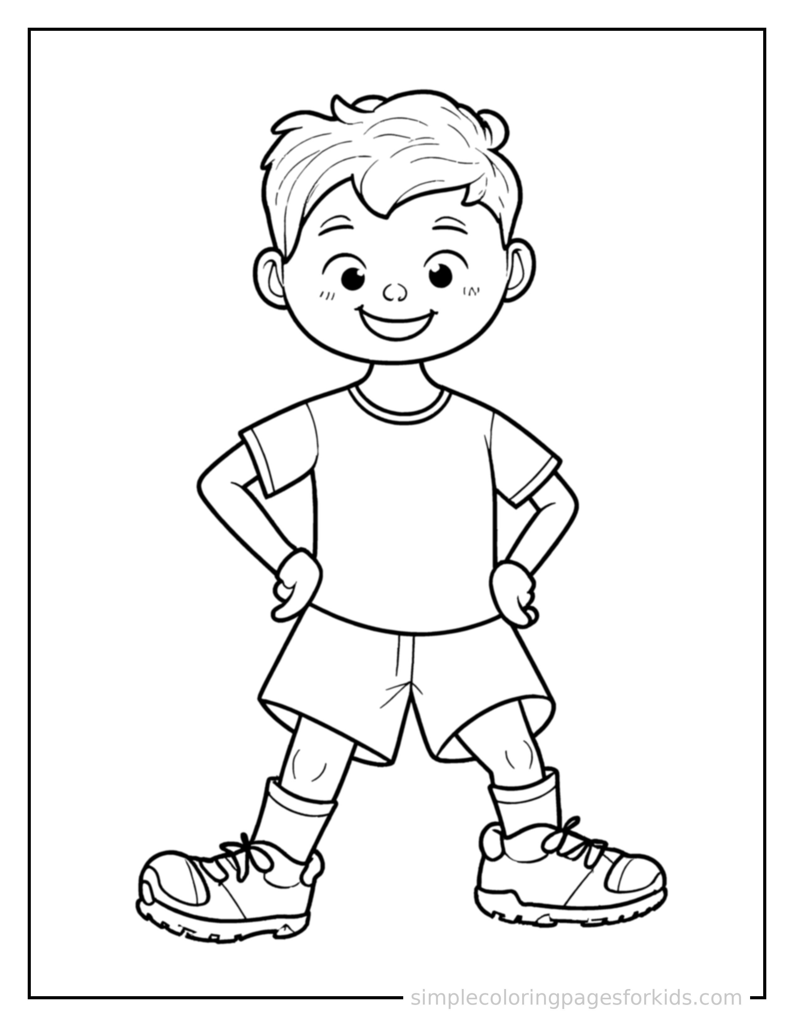 Free printable kid playing football with a football coloring page featuring a cute kid playing football with a football standing proudly with hands on hips, chest out, big sparkling happy eyes and open smile.