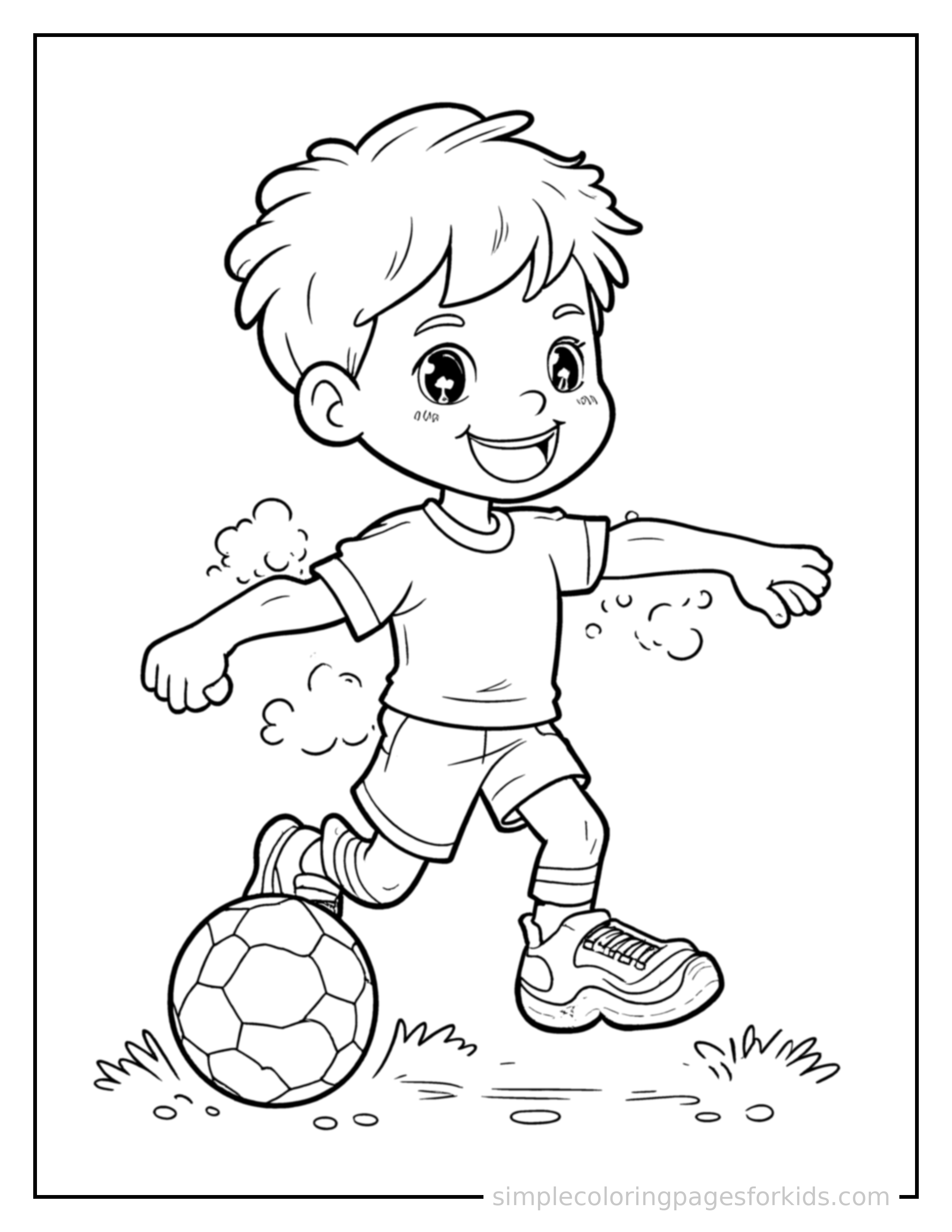 Free printable kid playing football with a football coloring page featuring a cute kid playing football with a football running forward at full speed, arms pumping, big happy grin.