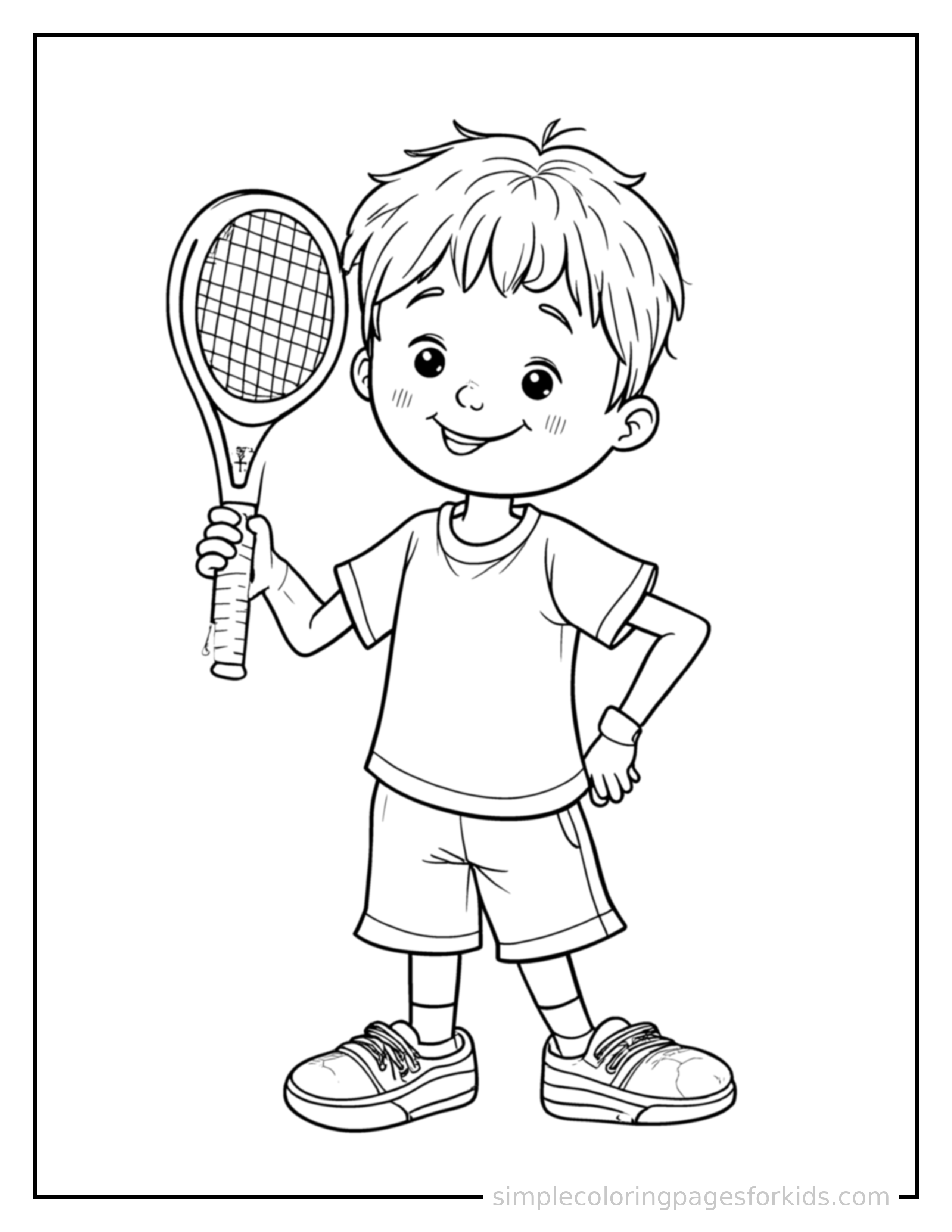 Free printable kid playing tennis with a racket coloring page featuring a cute kid playing tennis with a racket standing tall with a big cheerful grin, one hand raised in a wave, head tilted slightly.