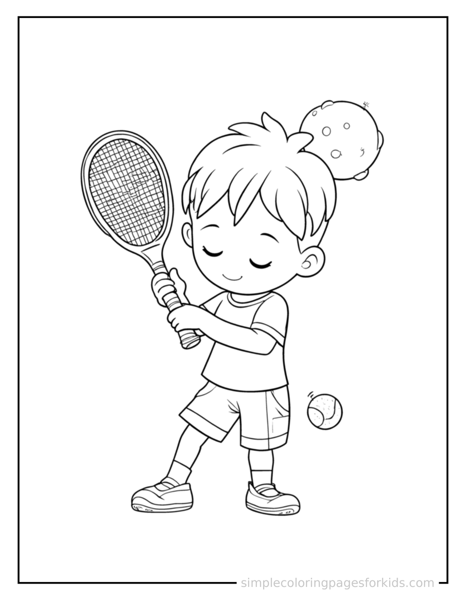 Sleepy Kid Playing Tennis With A Racket Coloring Page