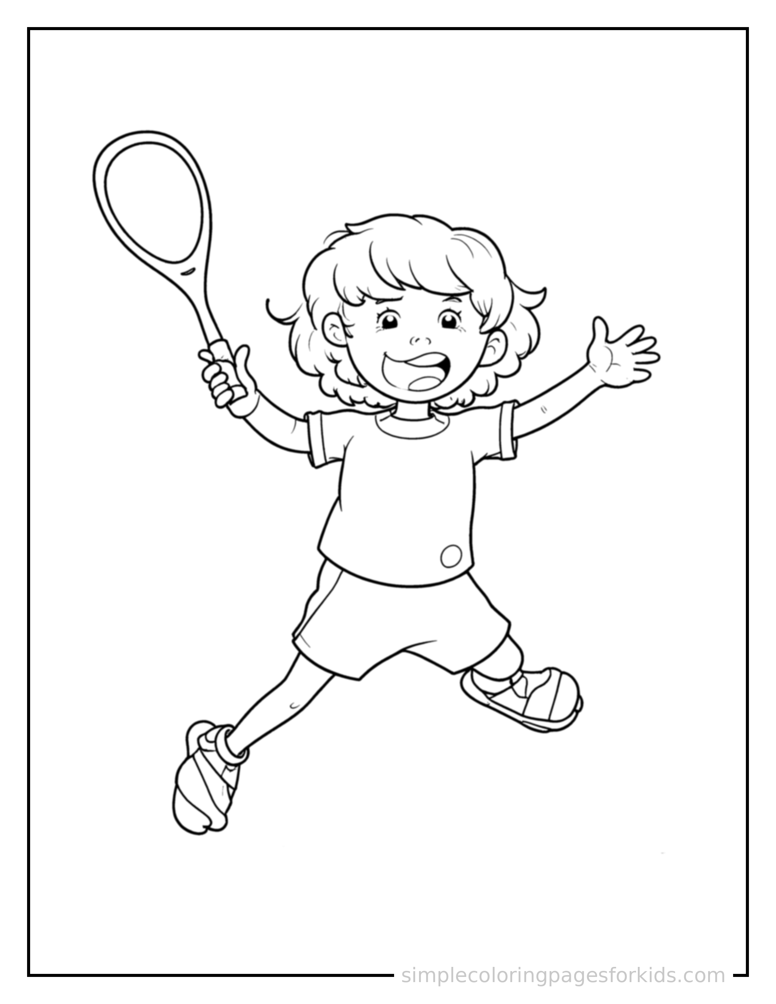 Free printable kid playing tennis with a racket coloring page featuring a cute kid playing tennis with a racket mid-jump with arms and legs stretched out playfully, mouth open with excitement.