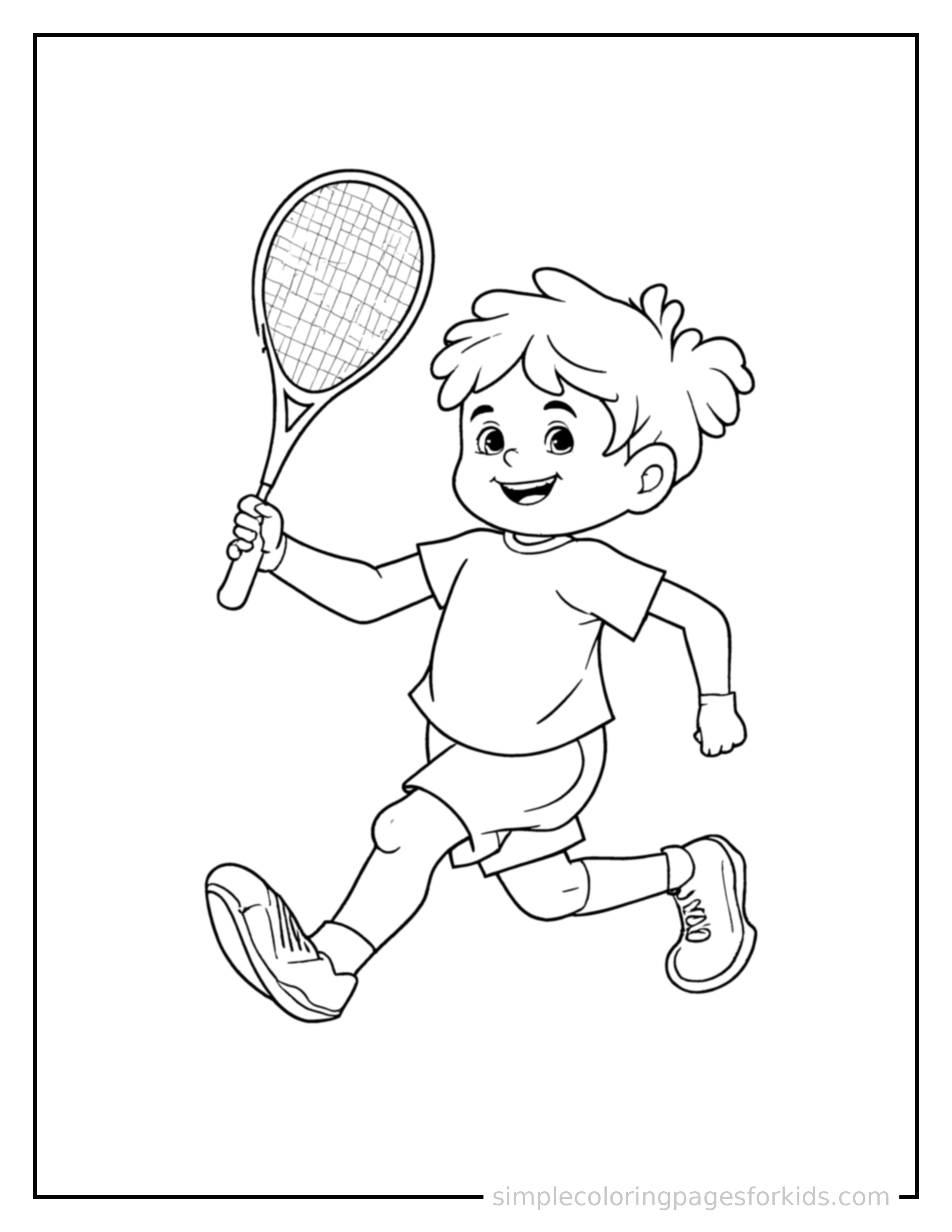 Free printable kid playing tennis with a racket coloring page featuring a cute kid playing tennis with a racket running forward at full speed, arms pumping, big happy grin.
