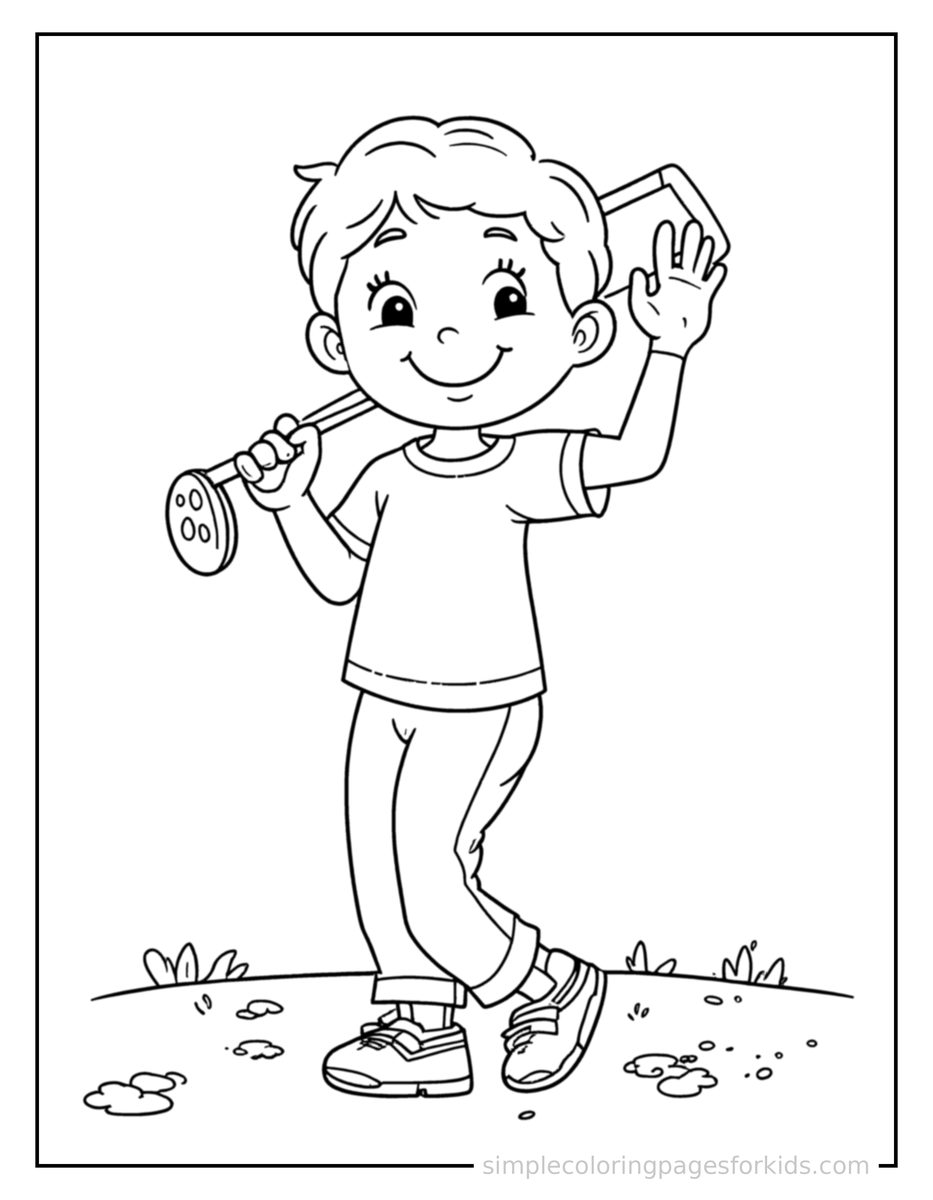Kid Playing Golf With A Club Coloring Pages