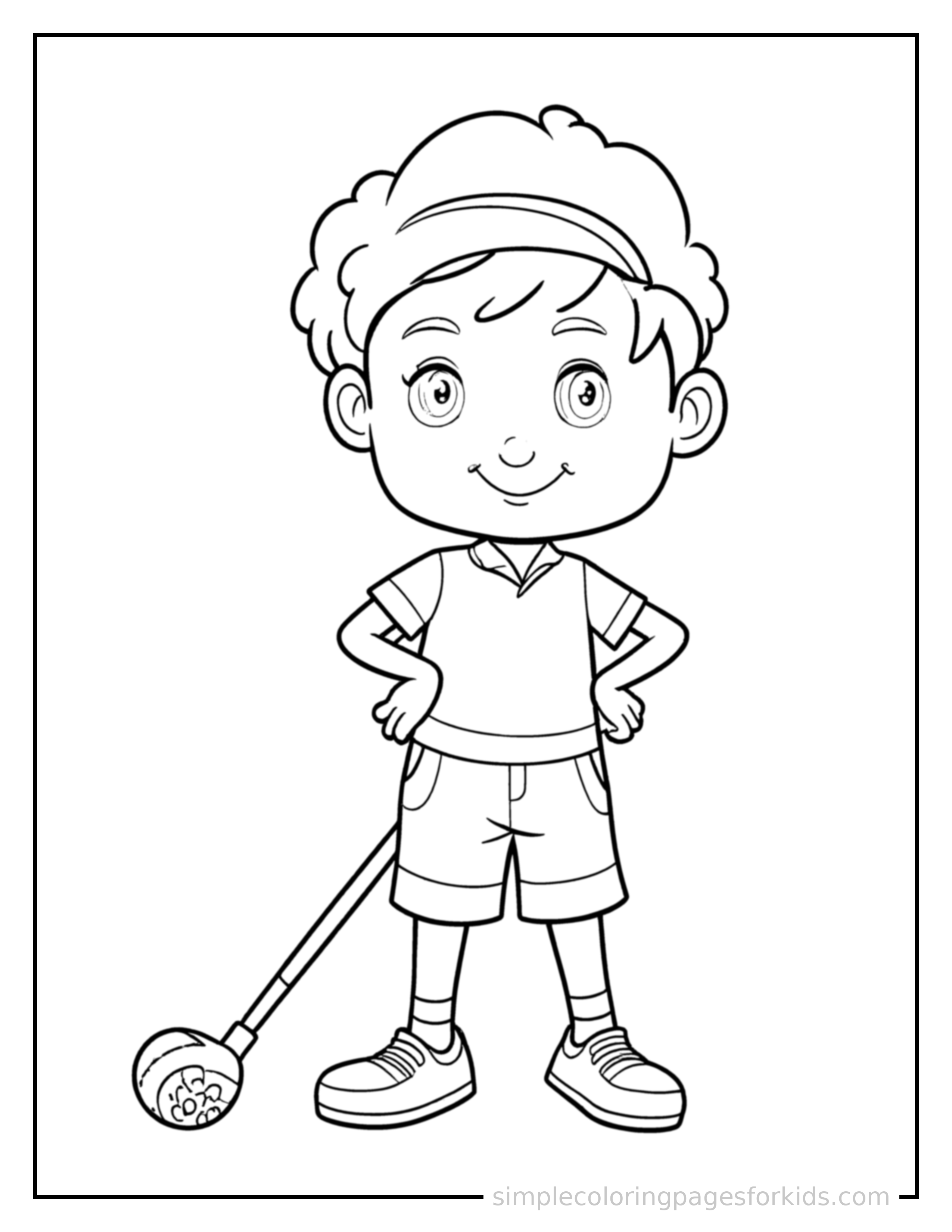 Free printable kid playing golf with a club coloring page featuring a cute kid playing golf with a club standing proudly with hands on hips, chest out, big sparkling happy eyes and open smile.