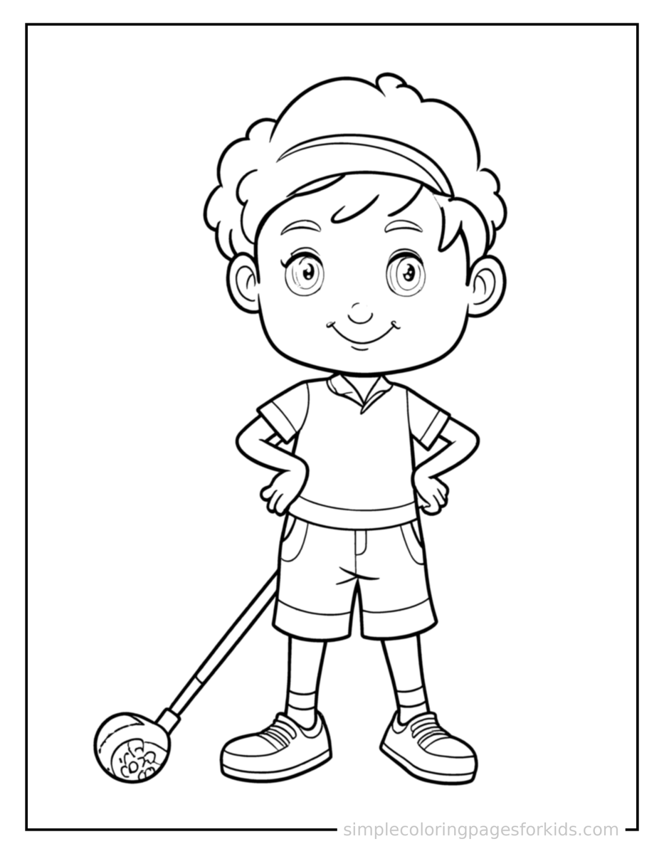 Proud Kid Playing Golf With A Club Coloring Page