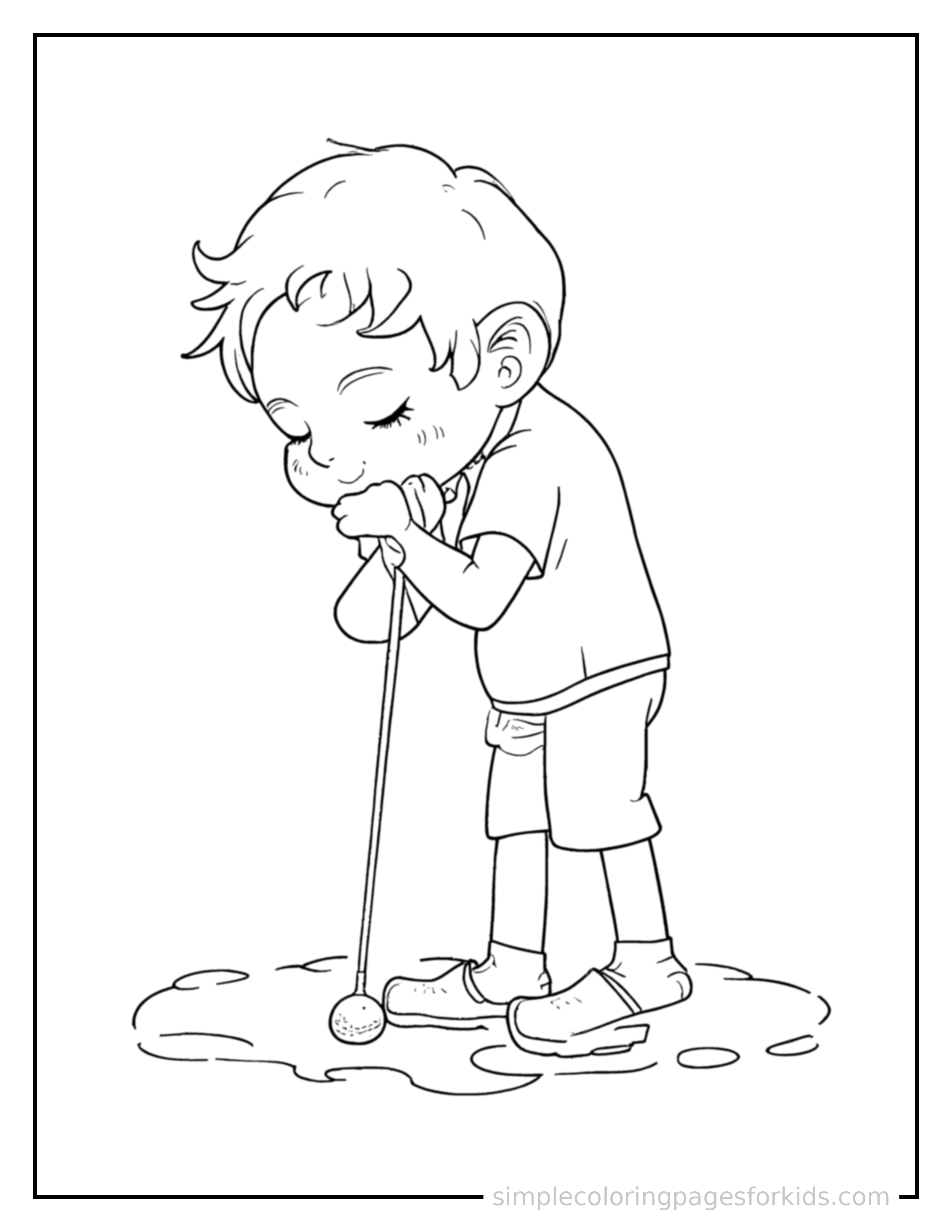 Free printable kid playing golf with a club coloring page featuring a cute kid playing golf with a club curled up fast asleep, peaceful smile, one eye scrunched shut, hands tucked under the chin.