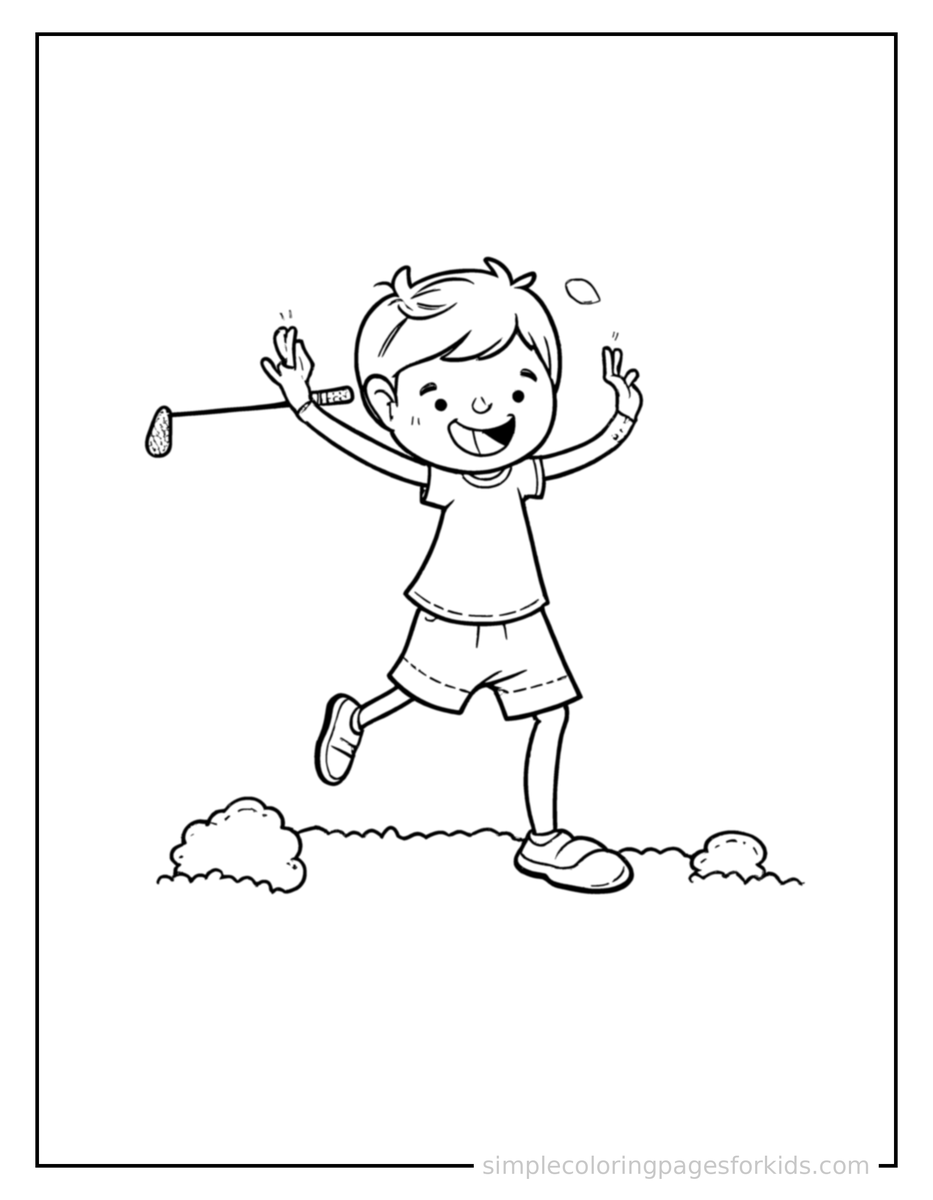Jumping Kid Playing Golf With A Club Coloring Page