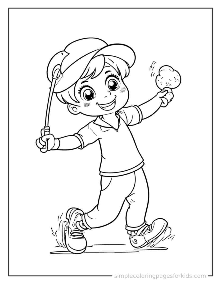 Running Kid Playing Golf With A Club Coloring Page