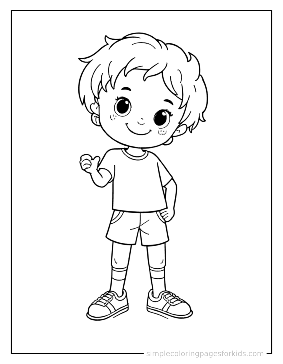 Free printable kid playing volleyball coloring page featuring a cute kid playing volleyball standing tall with a big cheerful grin, one hand raised in a wave, head tilted slightly.