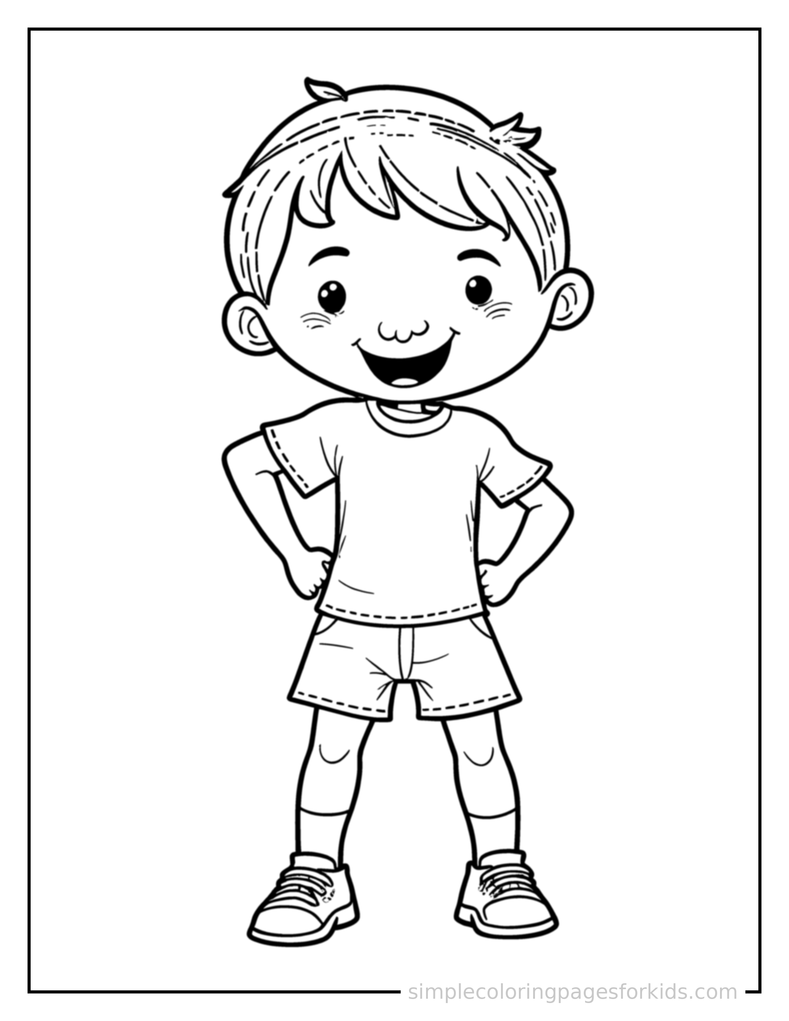 Free printable kid playing volleyball coloring page featuring a cute kid playing volleyball standing proudly with hands on hips, chest out, big sparkling happy eyes and open smile.