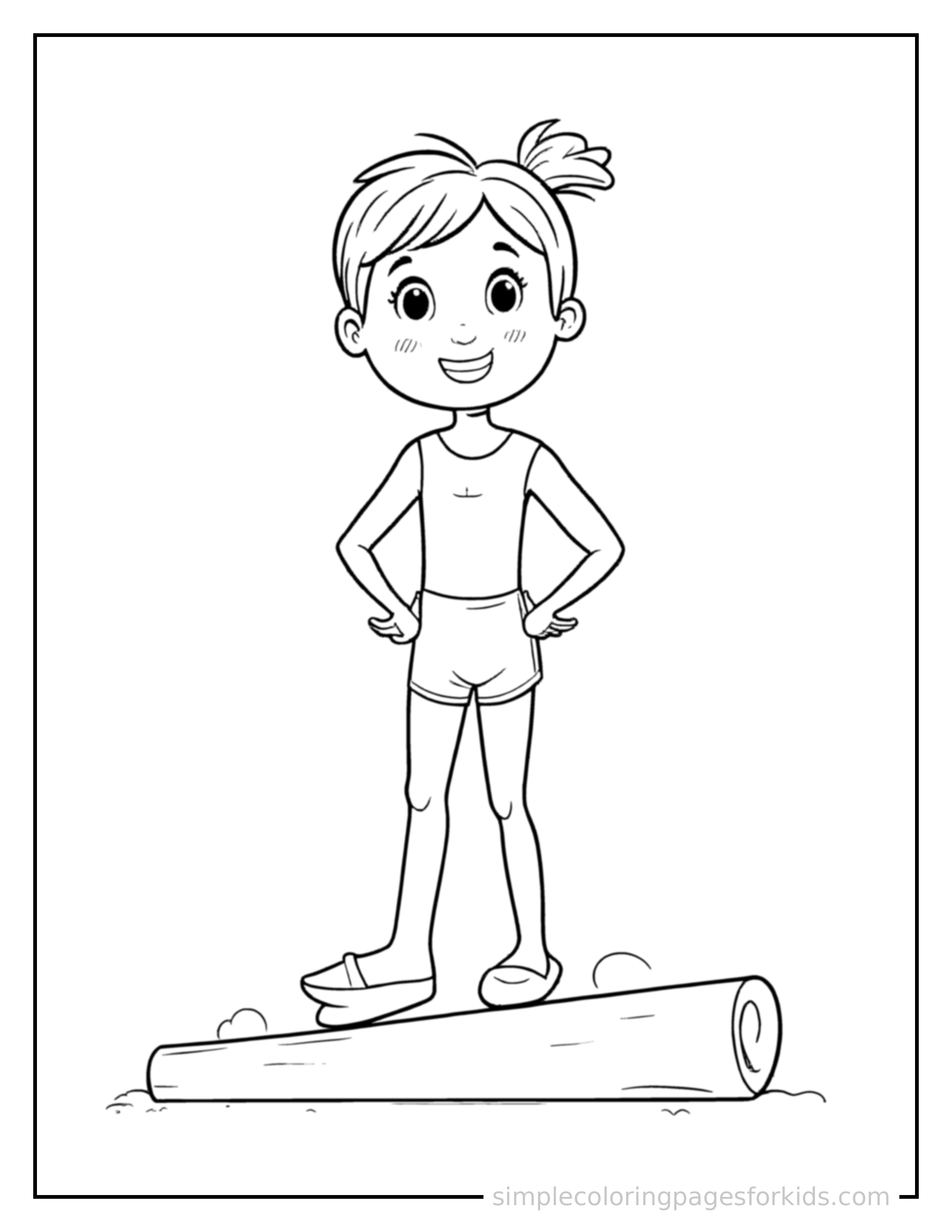 Free printable kid doing gymnastics on a balance beam coloring page featuring a cute kid doing gymnastics on a balance beam standing proudly with hands on hips, chest out, big sparkling happy eyes and open smile.