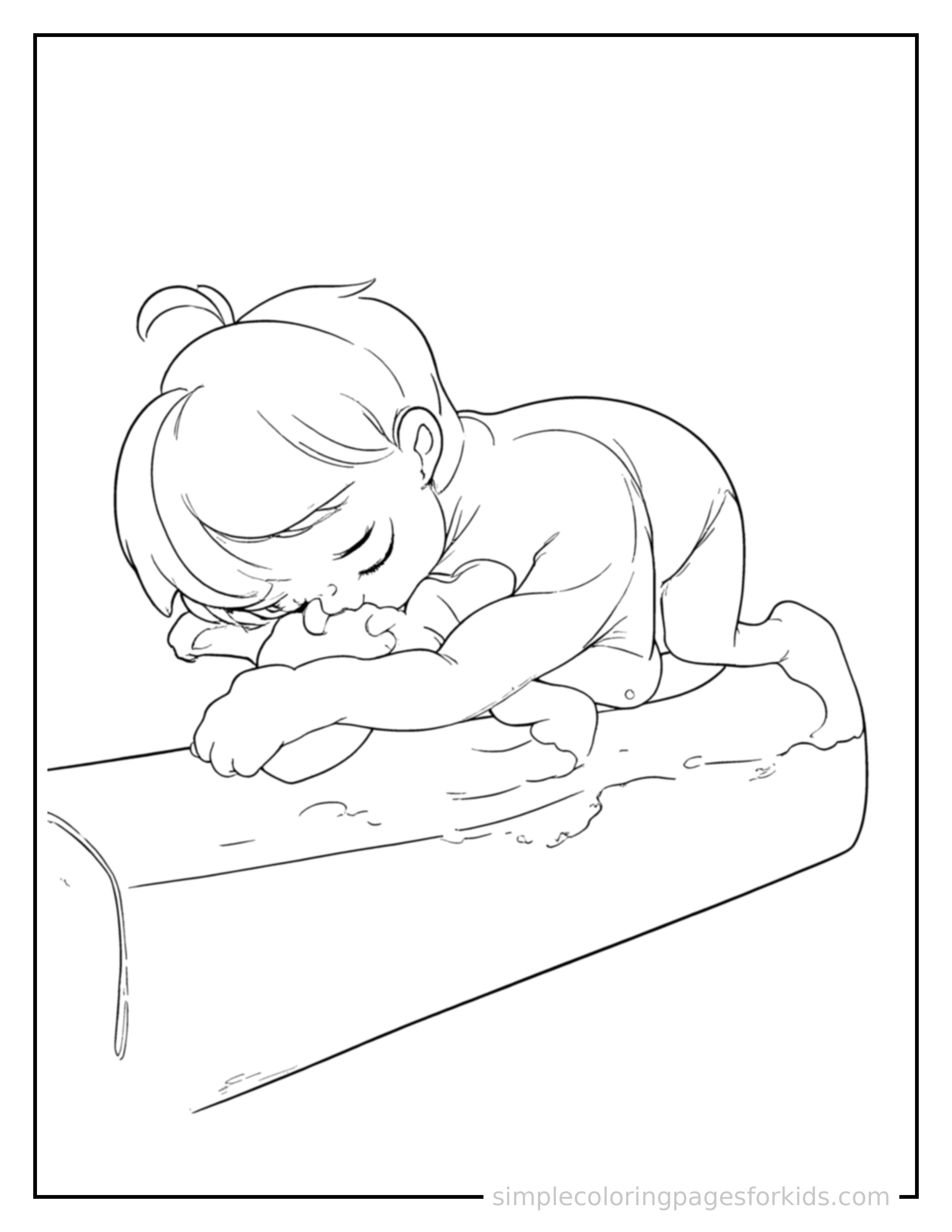 Free printable kid doing gymnastics on a balance beam coloring page featuring a cute kid doing gymnastics on a balance beam curled up fast asleep, peaceful smile, one eye scrunched shut, hands tucked under the chin.